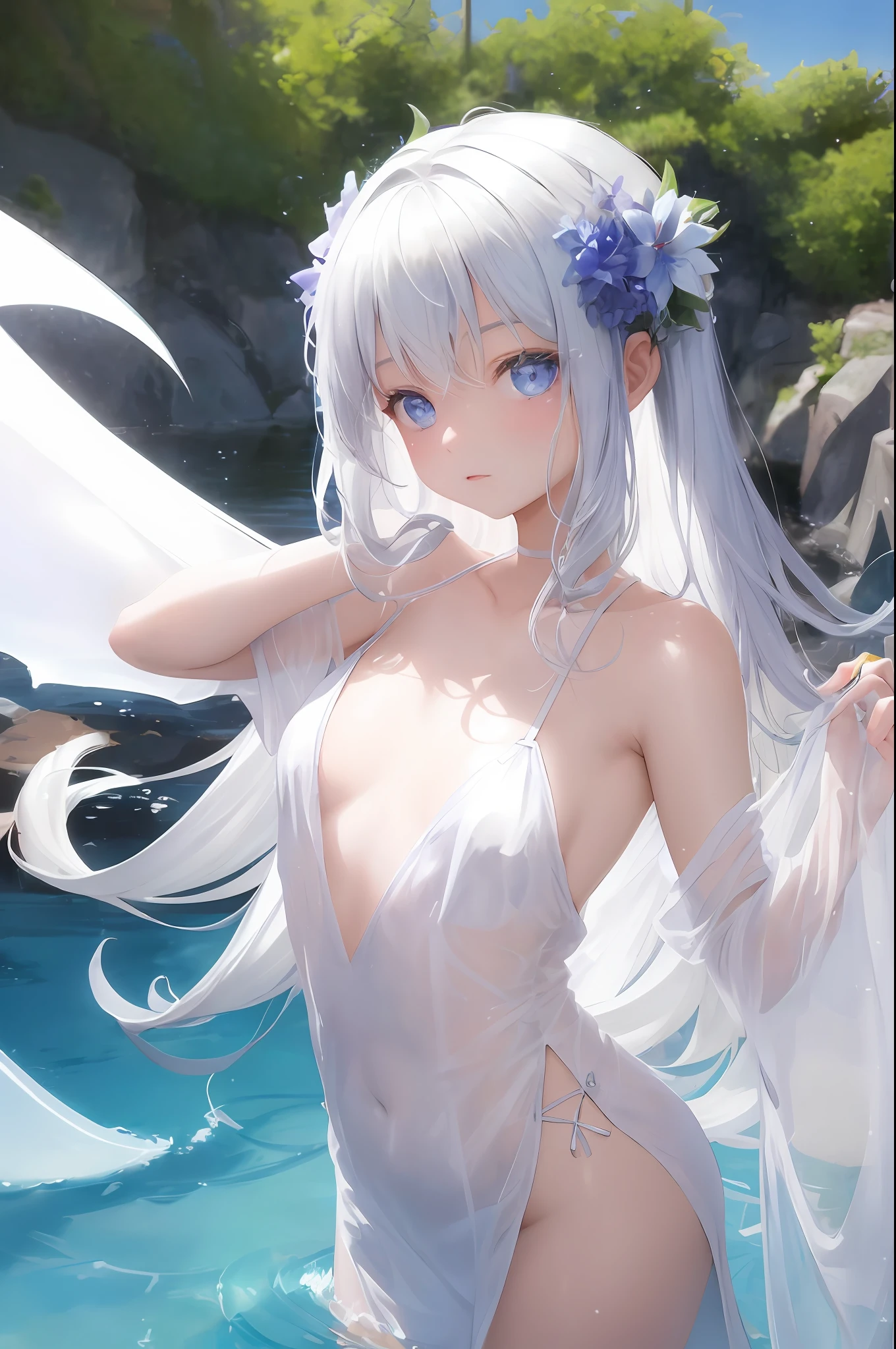 Art by Cornflower, Dreamy
(A petite girl with beautiful fine eyes.) The depth of field in the photo was perfect and the lens flare made it feel nice. The fine features of her face really stood out, and the score in this photo was definitely over 10. In the background, there was a beautiful sea with crystal clear water and water droplets floating on it, a girl was lying in the water, thin robes, white robes, almost naked, white skin, fairy wings on the back, whole body, (small breasts),