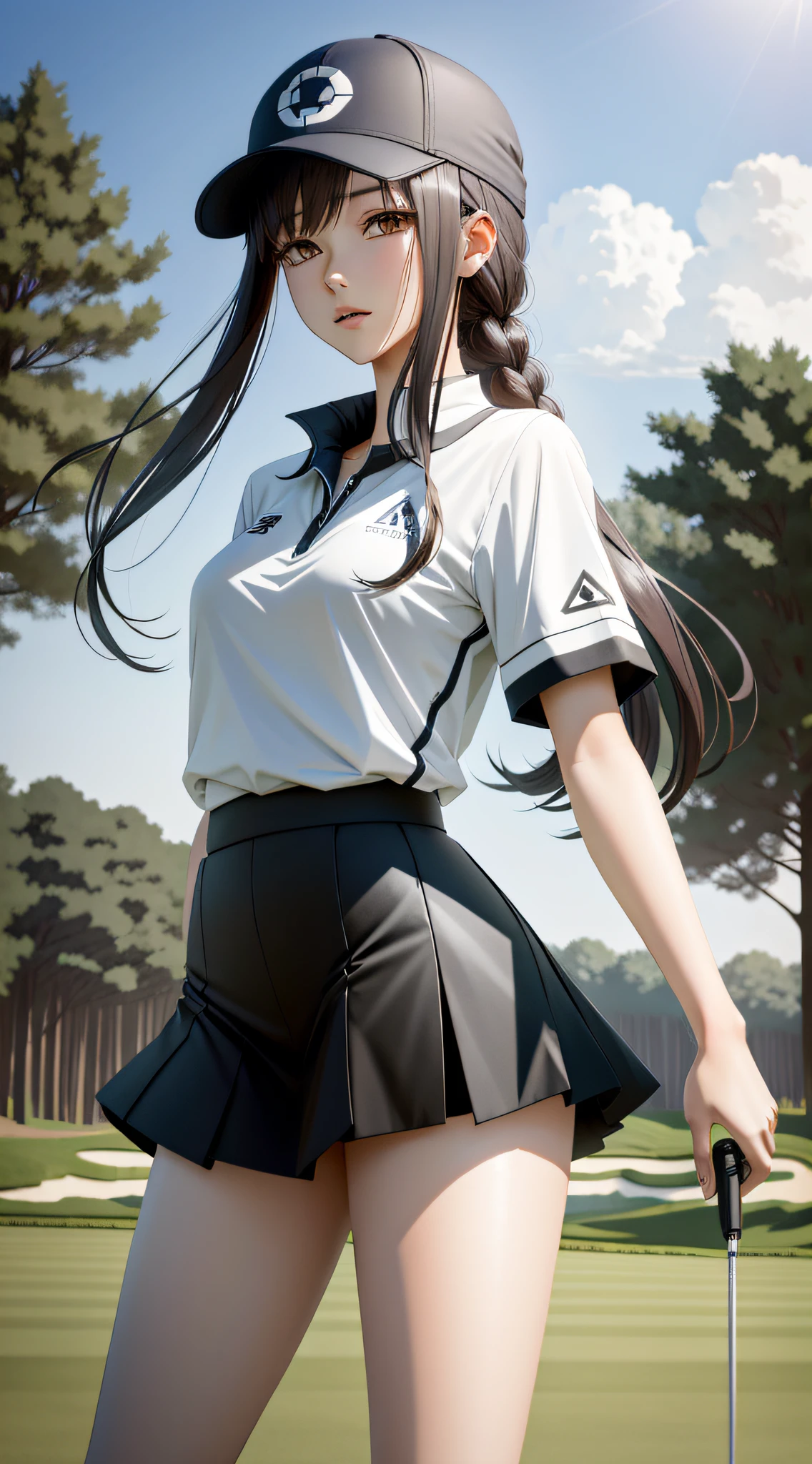 anime, long hair, sporty style, best quality, slender figure, golf course, short skirt, hyperdetails, sky, perfect body,