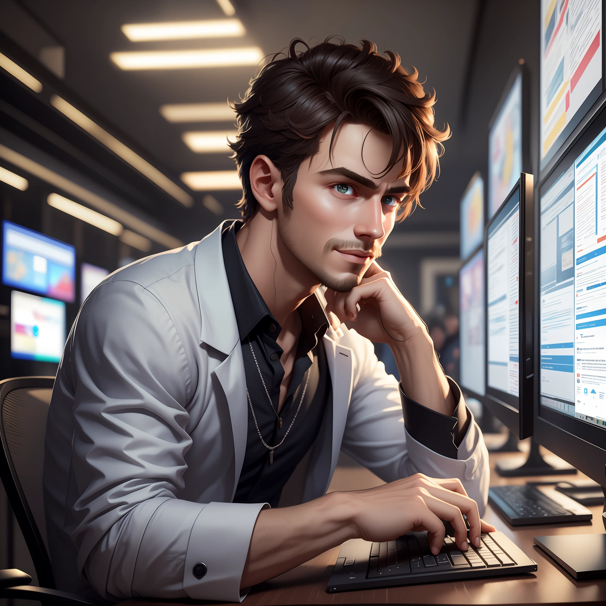 there is a man sitting at a desk with a computer, semi - realistic render, anton fadeev 8 k, cg artist, 8 k cg render, 8k portrait render, digital artist, future coder man looking on, 3 d render character art 8 k, 8k octae render photo, realistic fantasy render, hyper-realistic cyberpunk style