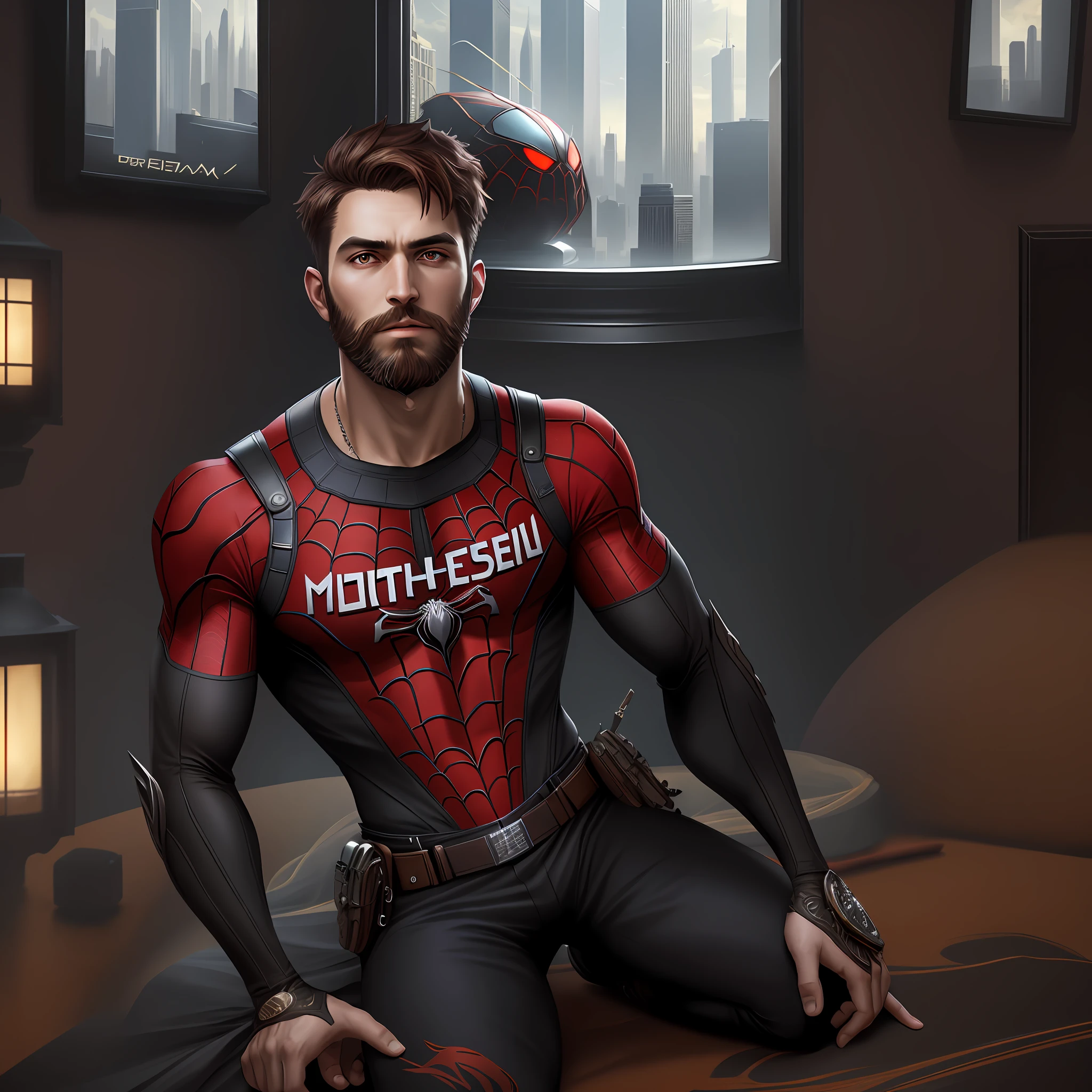 (masterpiece, best quality), intricate details, 8k, artstation, wallpaper, official art, screensaver, sharp focus,
1 man, short hair, red eyes, brown hair, beard
 spider costume, web print, web,  
skyscrapers, city, buildings, cars, street,