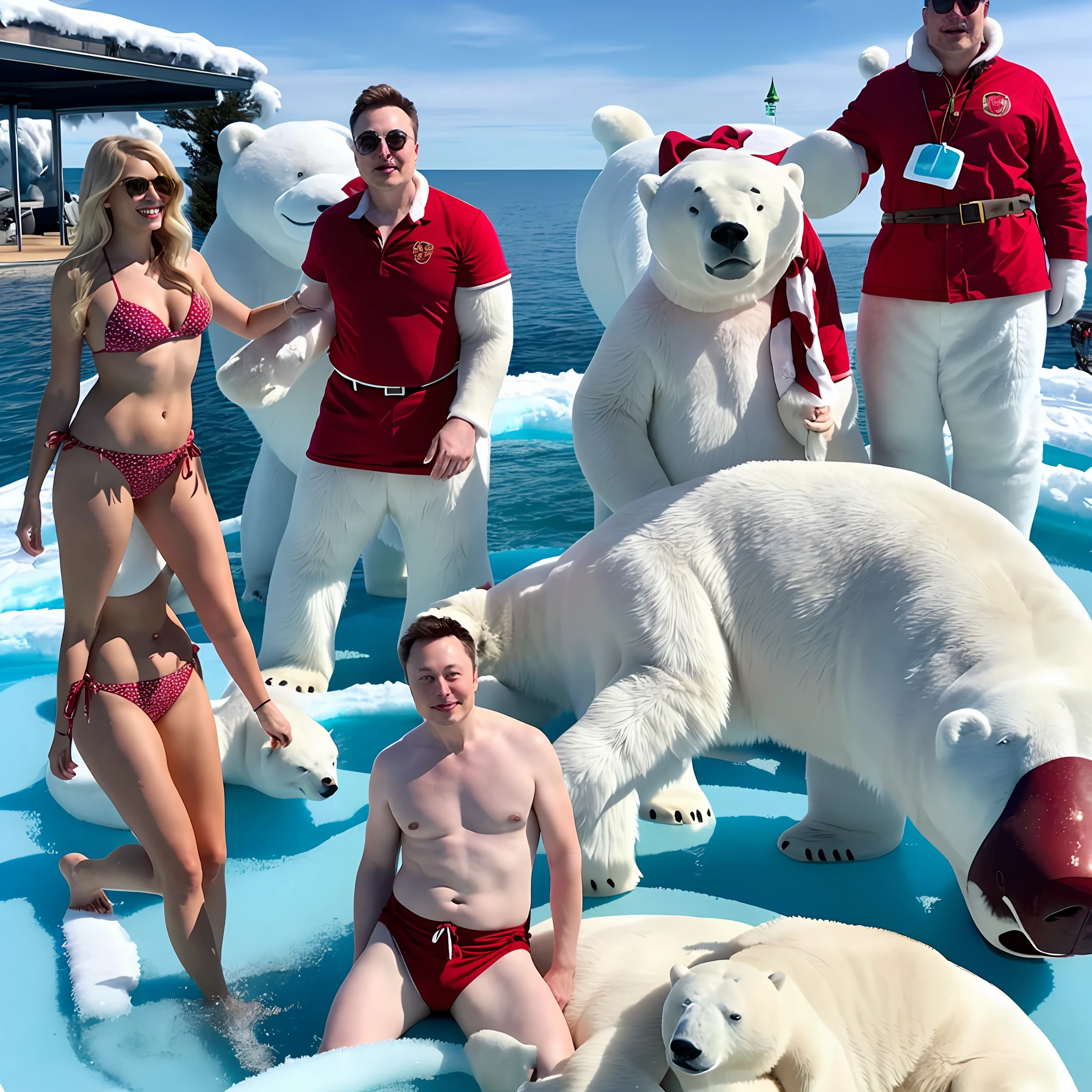 Elon musk having a barbecue at the North Pole in bathing suits next to a polar bear, realistic