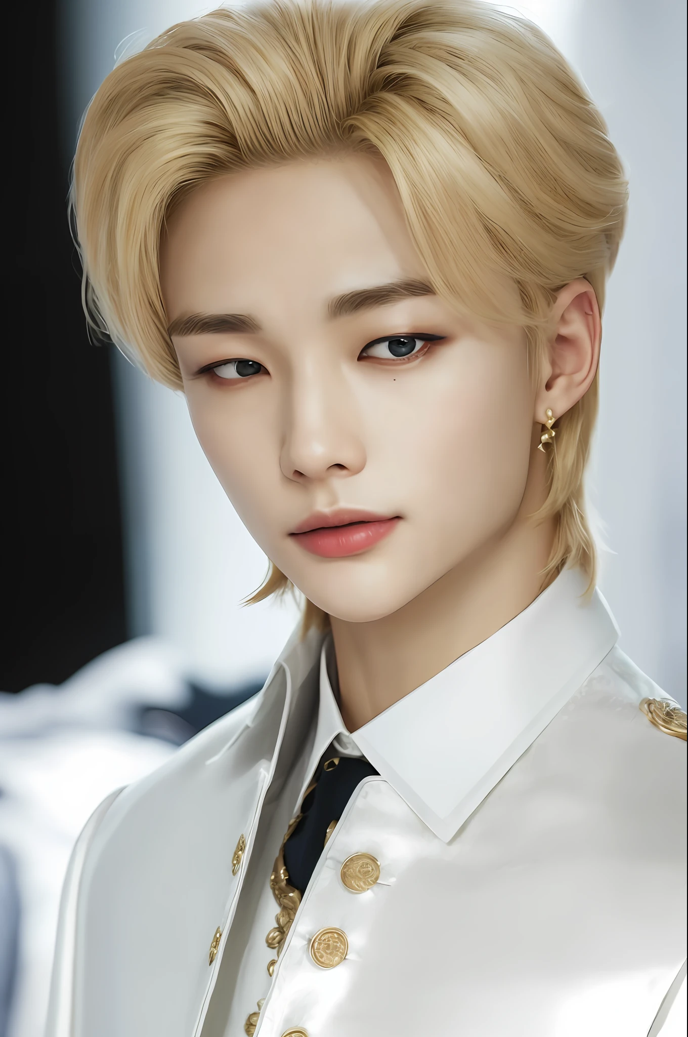 Hyunstayv2, frontal, sparkling, split lips, (blonde hair:1.2), white and gold royal prince clothing, ruffled outfit, (ultra realistic:1.2), (close-up photo:1.1), (bed background:1.2), (intricate:1.2), (looking at the viewer:1.2),