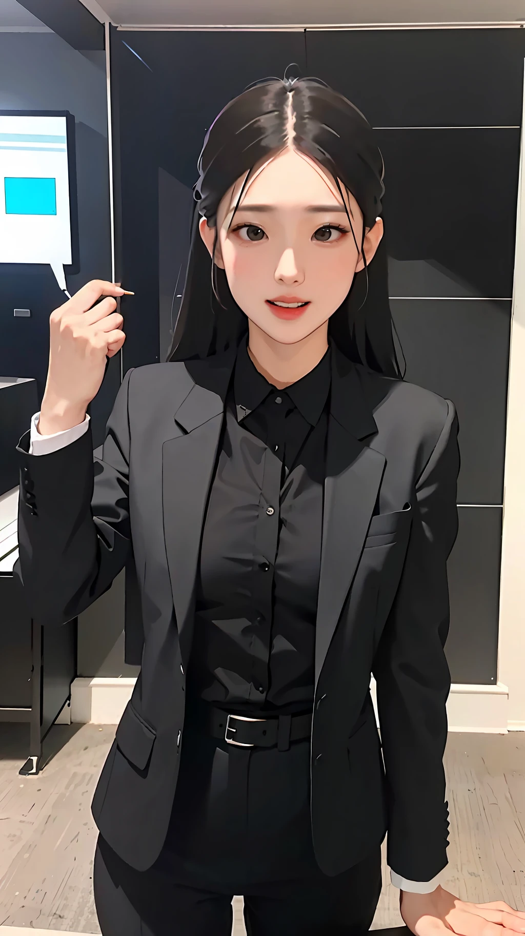 Girl in black suit cheering at guesthouse