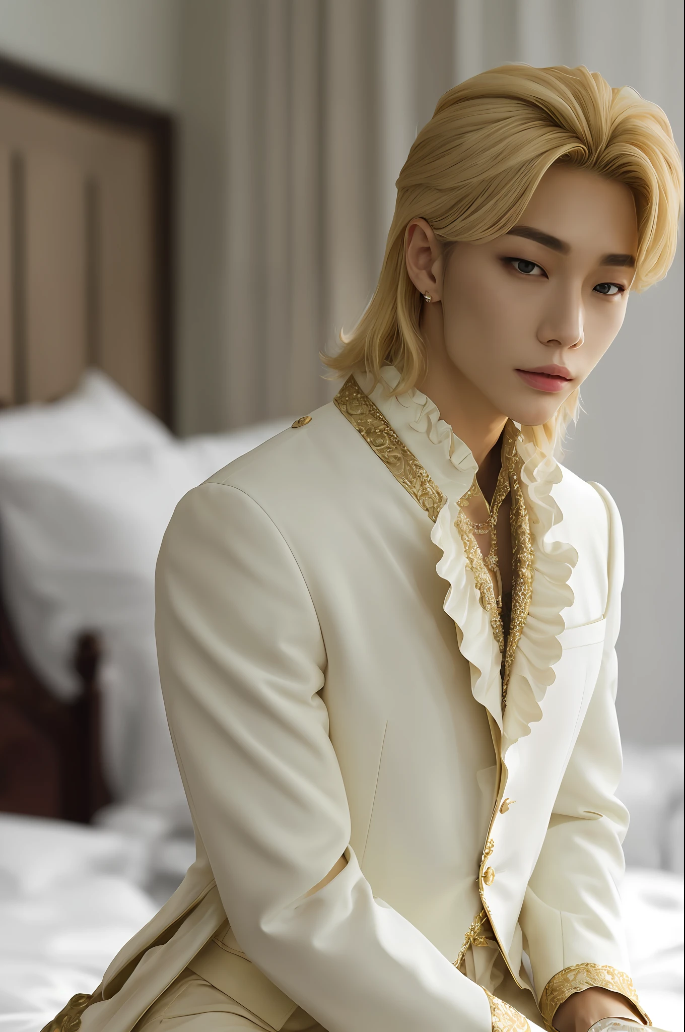 Hyunstayv2, frontal, sparkling, split lips, (blonde hair:1.2), white and gold royal prince clothing, ruffled outfit, (ultra realistic:1.2), (close-up photo:1.1), (bed background:1.2), (intricate:1.2), (looking at the viewer:1.2),