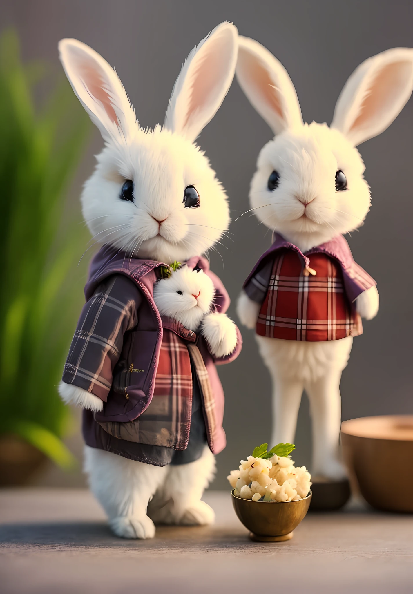 Rabbit, holding small windmill and rice dumplings, no_humans, depth of field, to8contrast style, wearing floral plaid short-sleeved T-shirt, dark shadow, (dark: 1.4), (8k, RAW photo, best quality, masterpiece: 1.2)