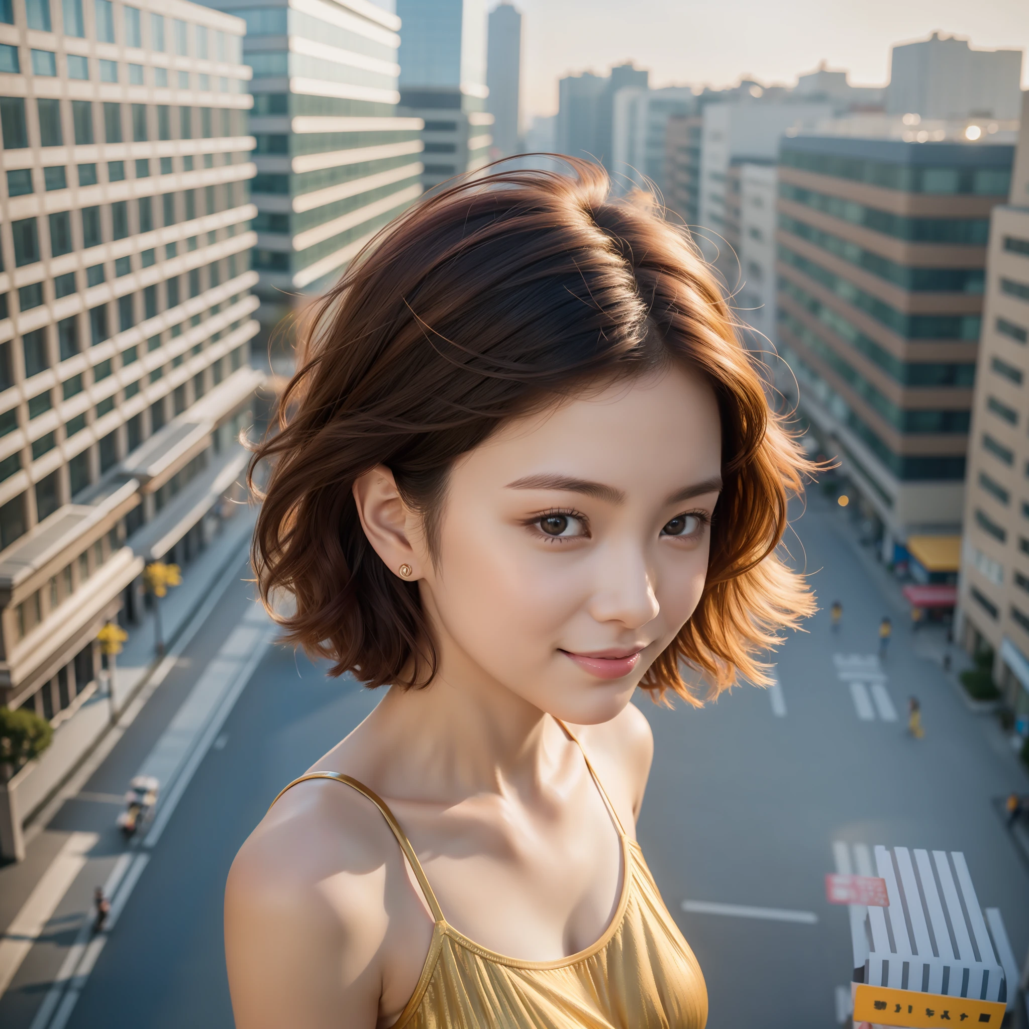 (masterpiece), (best quality), photorealism, realistic, photography, 1girl, 20yo, beautiful girl, looking up at the sky, perfect face, perfect body, golden ratio, good anatomy, photo maping, slip dress, braless, short curly hair, colorful hair, light smile, on the street, sun light on the face, sun rise, morning, city background, depth of field, lens fare, view from above