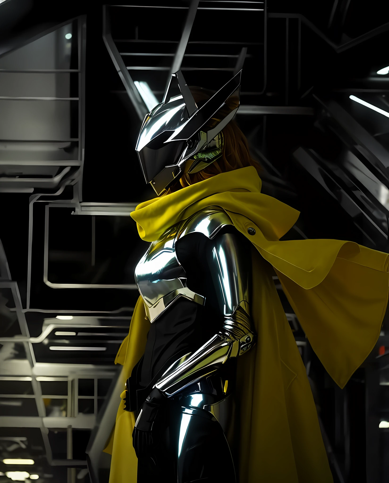 Volumetric light, natural colors, chrome armor, yellow cloak, leather suit, cinematic, cyberpunk, soft background, clean detailed, soft, bright, natural, biopunk