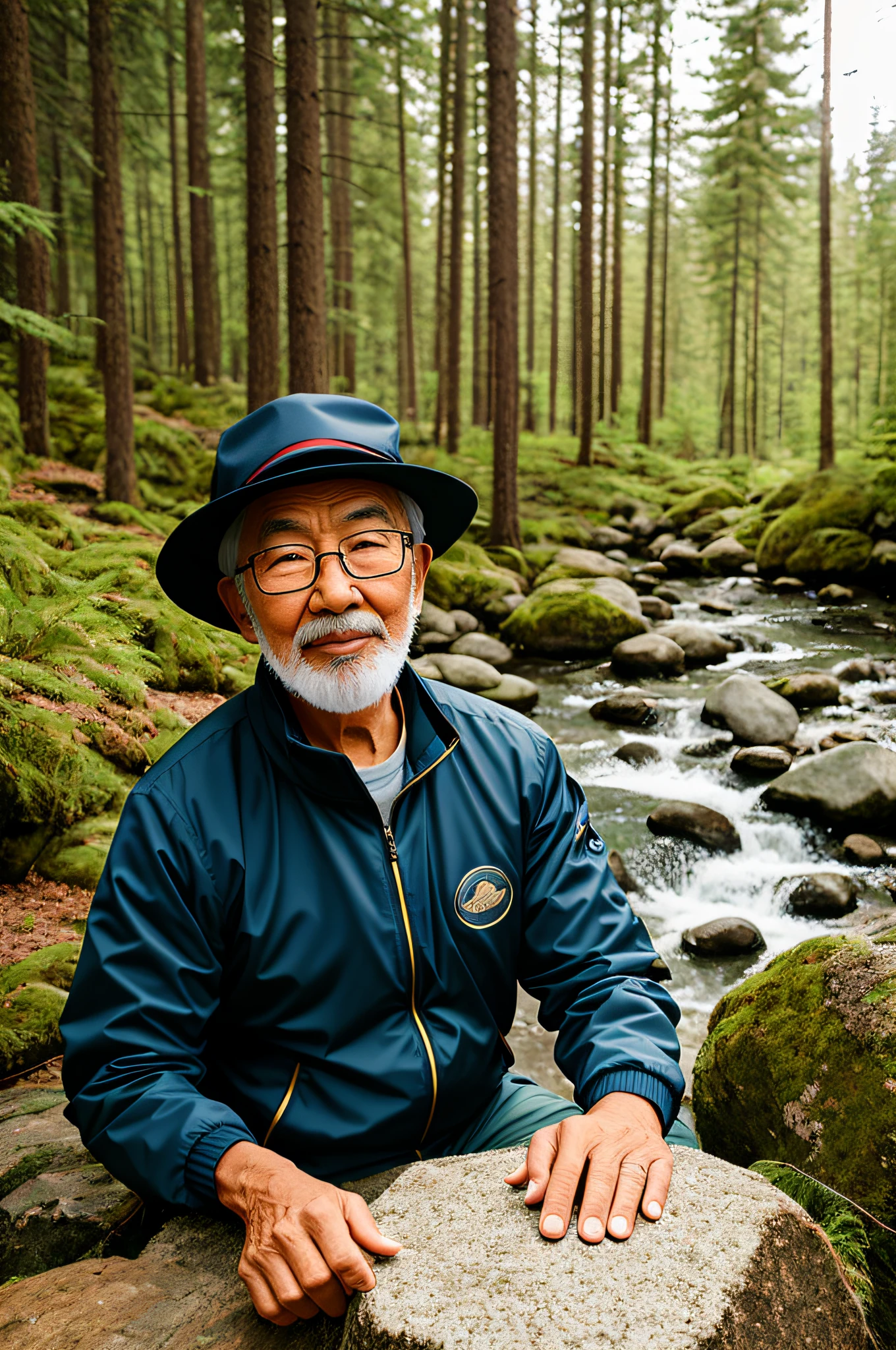 Eli Shakamora, 88 Years old Japanese face with a beard and glasses, wearing a Futuristic flight suit with Space Command Logo on hat and jacket, best quality, ultra-detailed, solo, outdoors, mountains, nature, cheerful, happy, backpack, sleeping bag, camping stove, water bottle, mountain boots, gloves, sweater, hat with SPACE COMMAND LOGO, flashlight, forest, rocks, river, wood, fireplace, clear sky, RAW, upper body, wearing pullover, hyper realistic masterpiece, amazing photo realistic photograph. dramatic light, looking down+film grain, Leica 50mm-200mm, Kodak portra 800, chiaroscuro, f1.4, golden hour —ar 3:4 —test –upbeta
