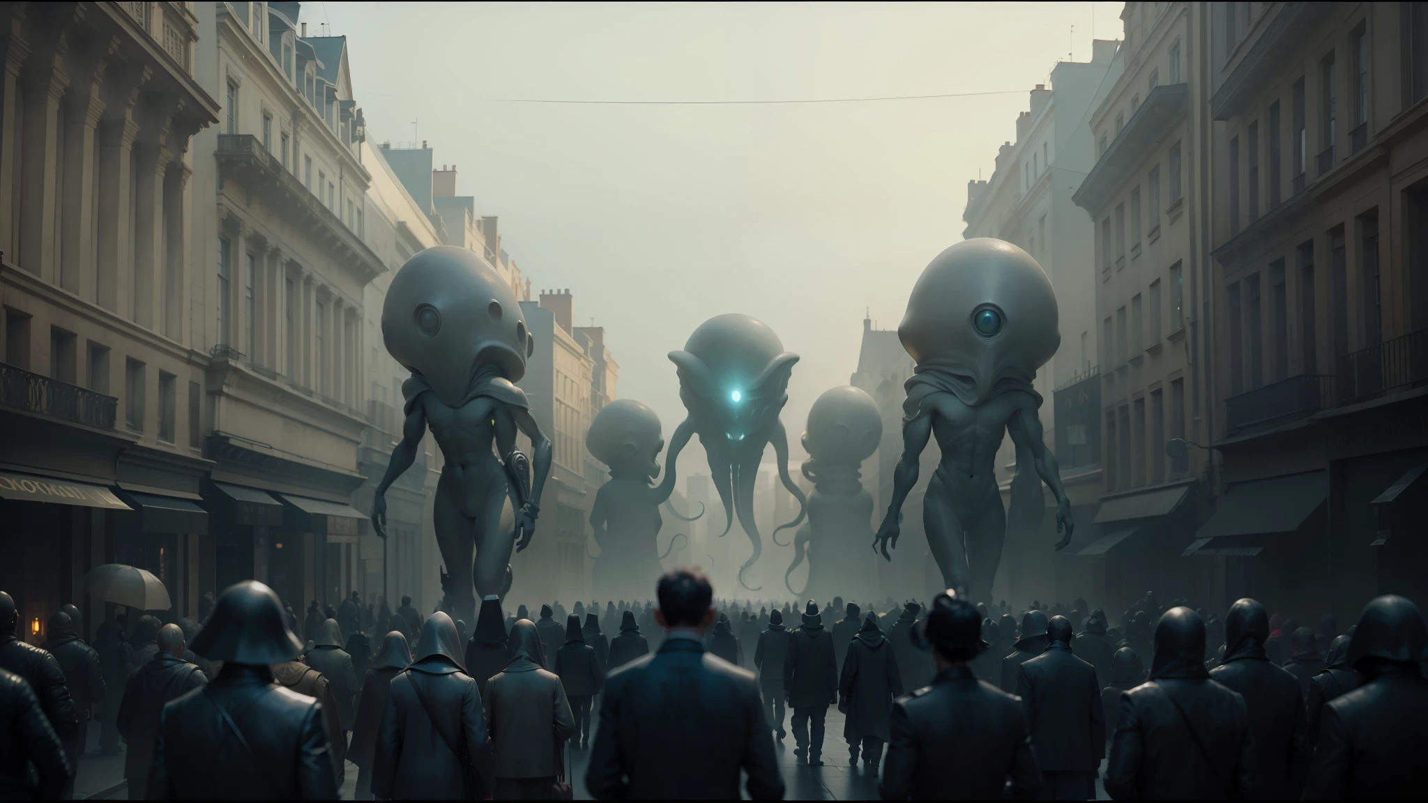 there are many people walking down the street with giant alien statues, denis villeneuve cinematography, inspired by Albert Joseph Pénot, promotional image, squid motifs, protagonist in foreground, early cgi, by François Boquet, dark street --auto --s2