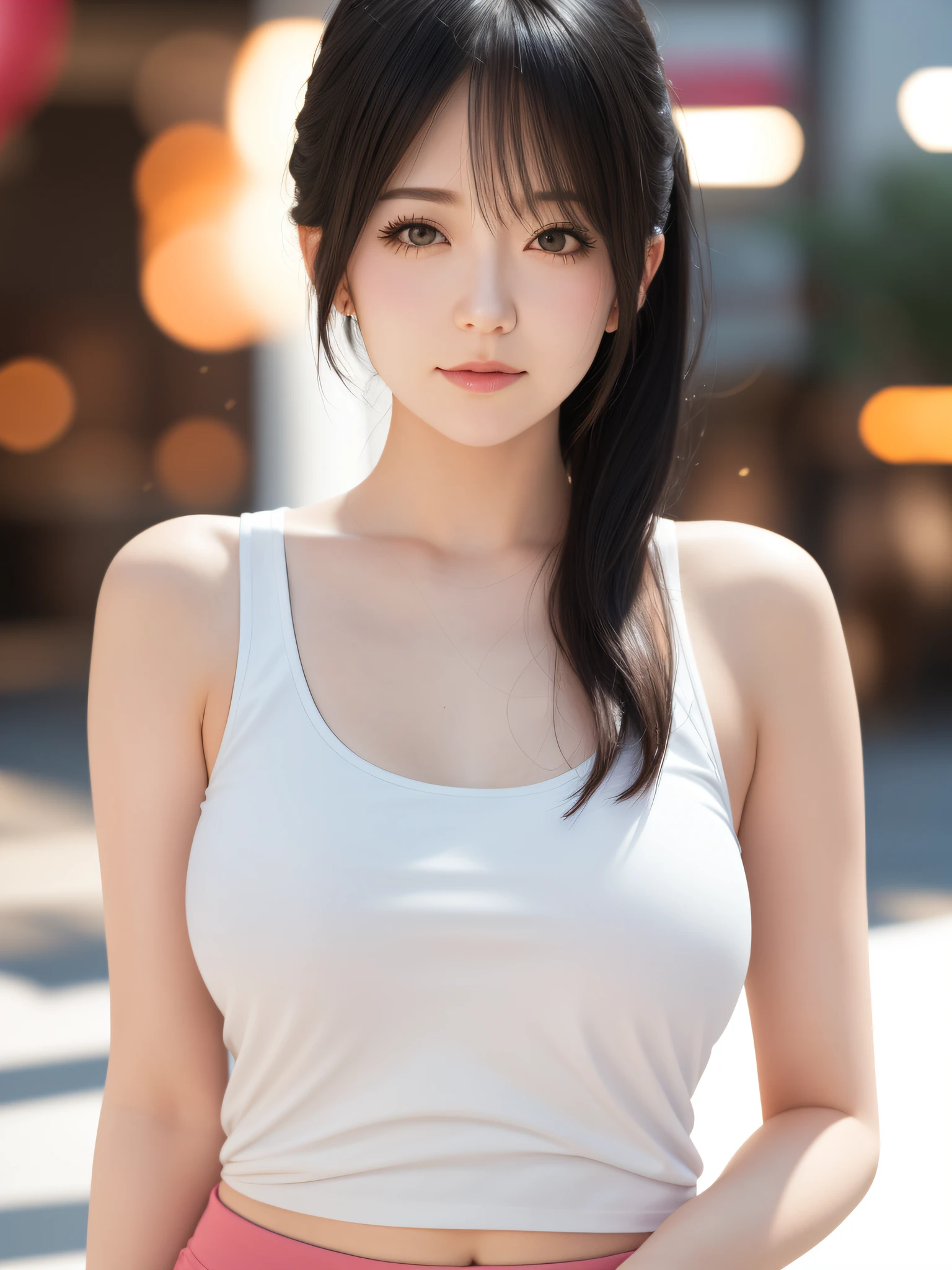 cool face,White tank top,pink hot pants,bare shoulders,woman,japanese,bare shoulders,black eyes,black hair,realistic details, high resolution,bokeh,outstanding details