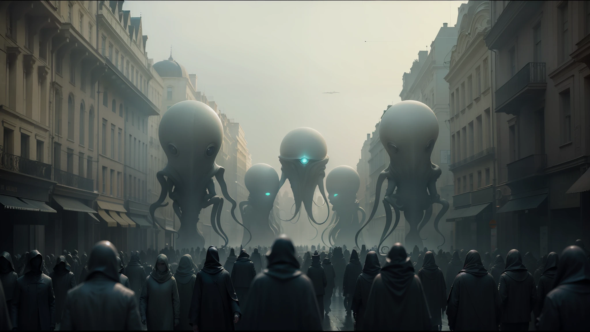 there are many people walking down the street with giant alien statues, denis villeneuve cinematography, inspired by Albert Joseph Pénot, promotional image, squid motifs, protagonist in foreground, early cgi, by François Boquet, dark street --auto --s2