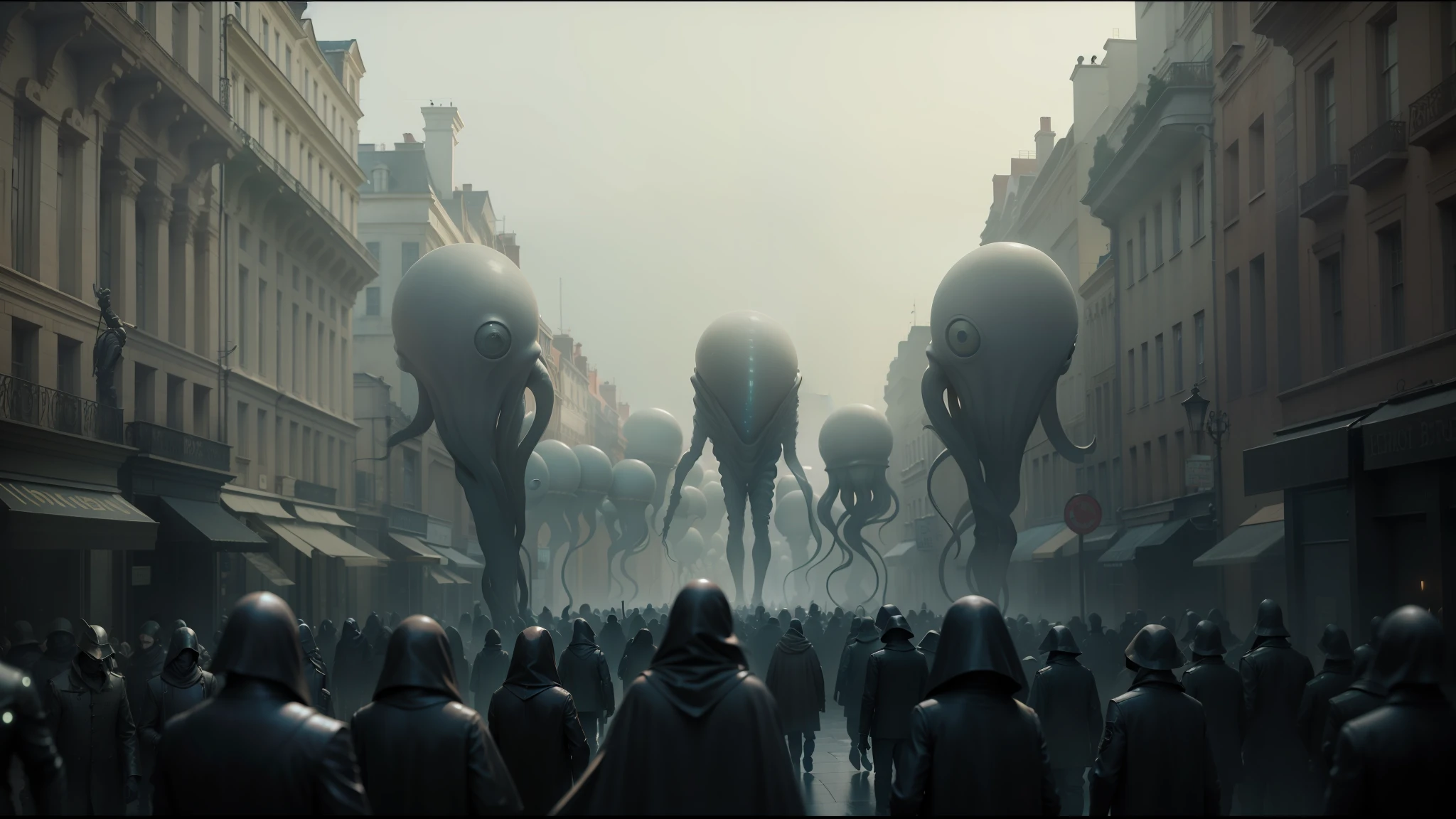 there are many people walking down the street with giant alien statues, denis villeneuve cinematography, inspired by Albert Joseph Pénot, promotional image, squid motifs, protagonist in foreground, early cgi, by François Boquet, dark street --auto --s2