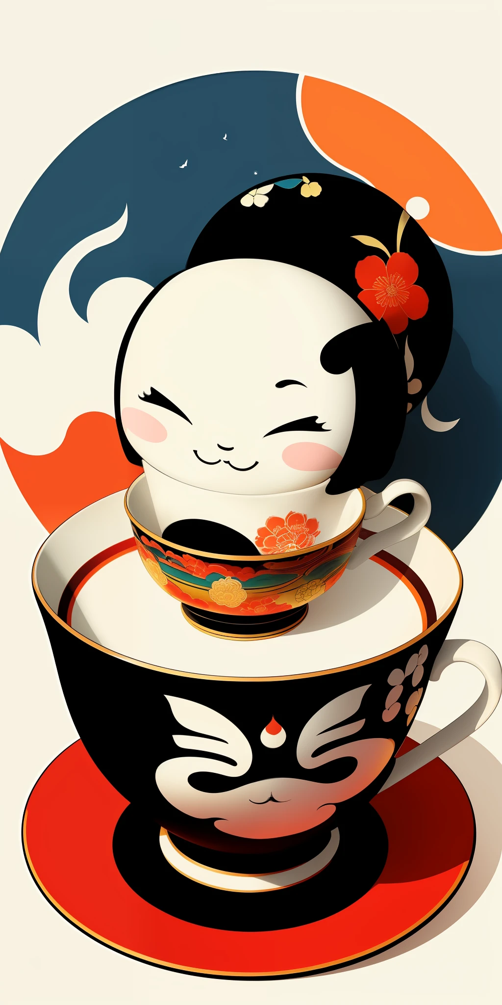 (masterpiece, best quality: 1.2), shukizuma, negative space, shuimobysim, ink painting, colorful colors, traditional Chinese, cup decorations, peaceful, (smile), looking at the viewer,