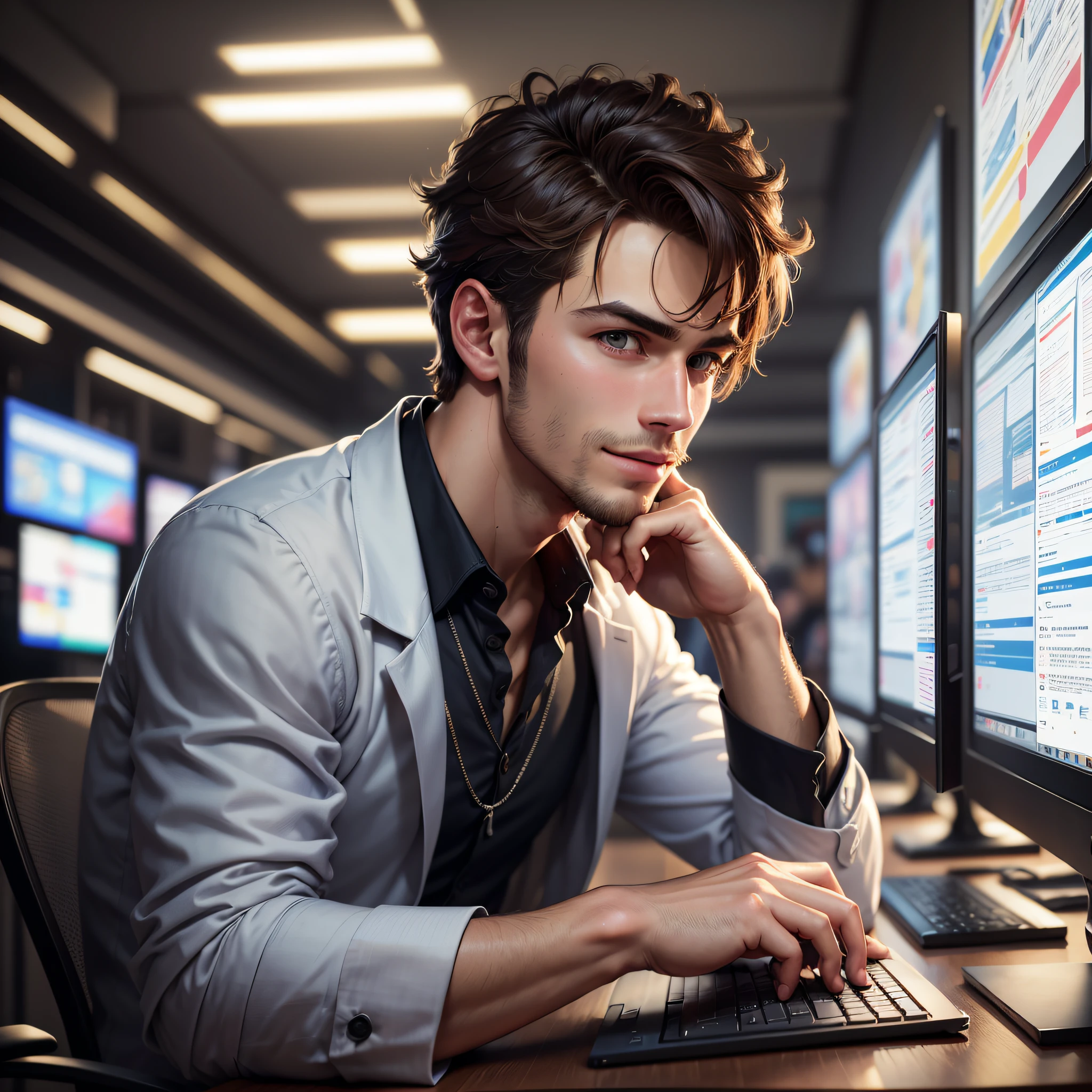 there is a man sitting at a desk with a computer, semi - realistic render, anton fadeev 8 k, cg artist, 8 k cg render, 8k portrait render, digital artist, future coder man looking on, 3 d render character art 8 k, 8k octae render photo, realistic fantasy render, hyper-realistic cyberpunk style