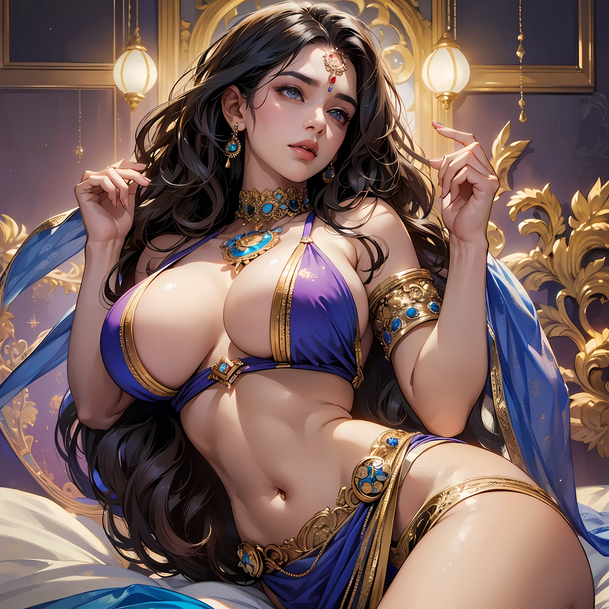 (Best Quality, 8k, 32k, Masterpiece, UHD:1.3), (Photo of Attractive Indian Woman), 1 Girl, (gigantic Boobs:1.2), (long wavy hair), Abs, Perfect Body, Ultra Detailed Face, Detailed Lips, Fine Eyes, double eyelids, see through saree, deep blouse showing cleavage, on the bed, (seductive), ((aroused:1.5)), ((areolae slip)) --auto --s2