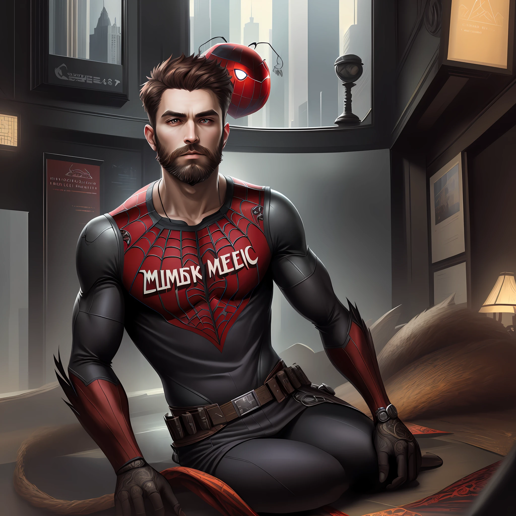 (masterpiece, best quality), intricate details, 8k, artstation, wallpaper, official art, screensaver, sharp focus,
1 man, short hair, red eyes, brown hair, beard
spider costume, web print, web,
skyscrapers, city, buildings, cars, street,