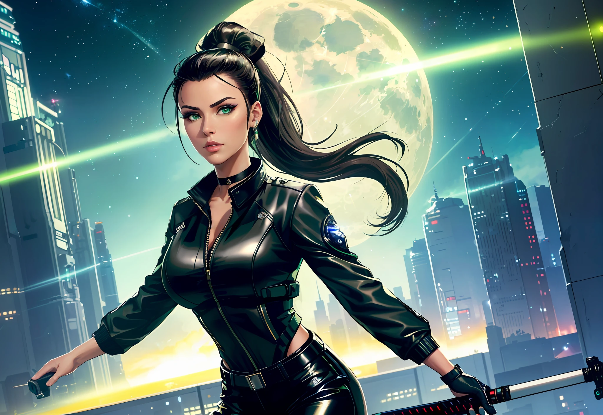 (masterpiece, best quality, finely detailed gorgeous eyes and detailed face, cinematic lighting, extremely detailed 8k CG unit wallpaper, depth of field), Long Angle Shot, cyber futuristic mech, solo, 1woman, she's a mercenary, (green eyes, white skin, black hair with ponytail, choker, small breasts, makeup), she's doing a job in a futuristic Japanese city, holding a Tech katana with a strong grip, night, sky, moon, wearing a beautiful tech jacket and leather pants.