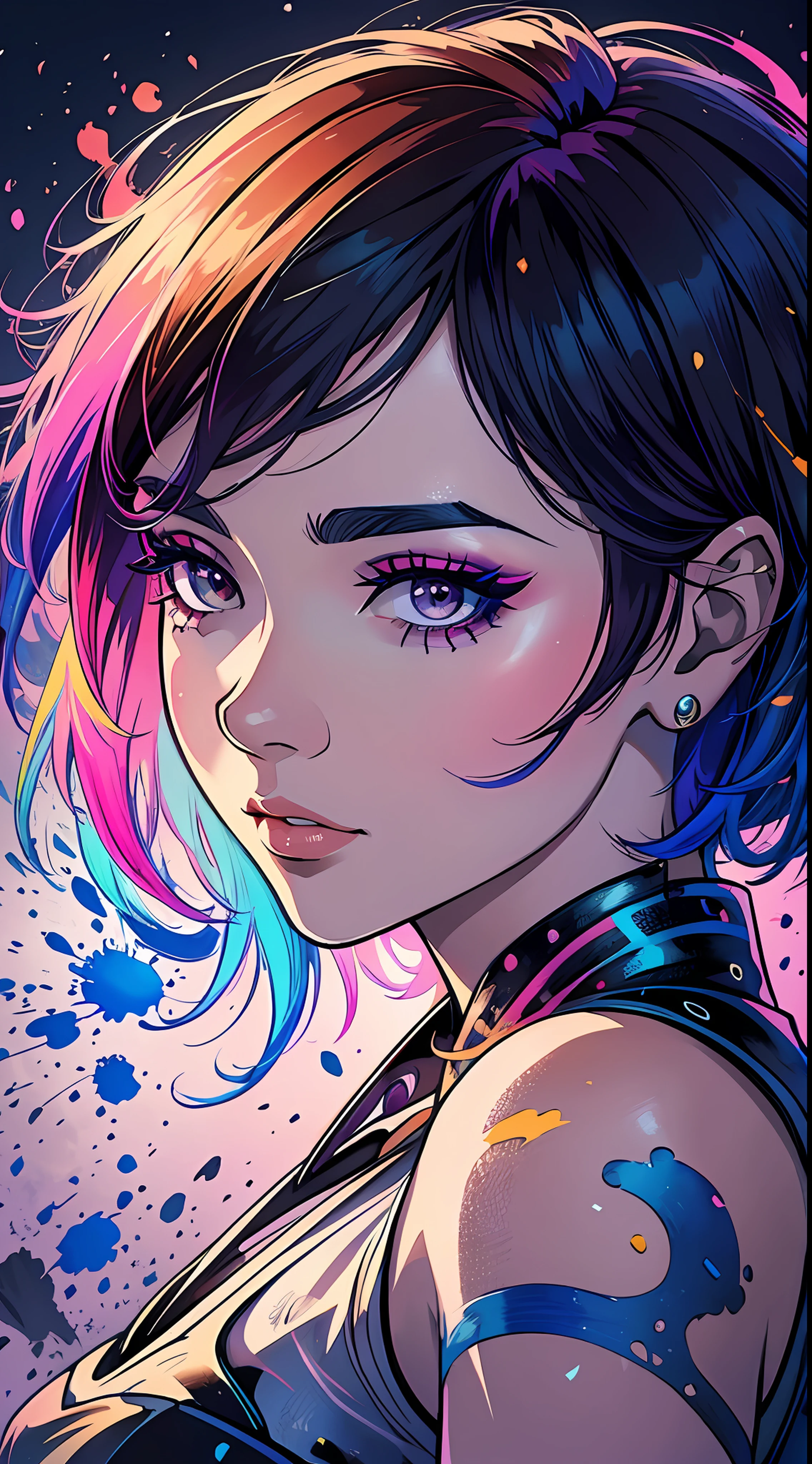 (artwork) Splash ART colorful head woman 2d, beautiful, makeup, Baton, short hair,, super detailed, 8k