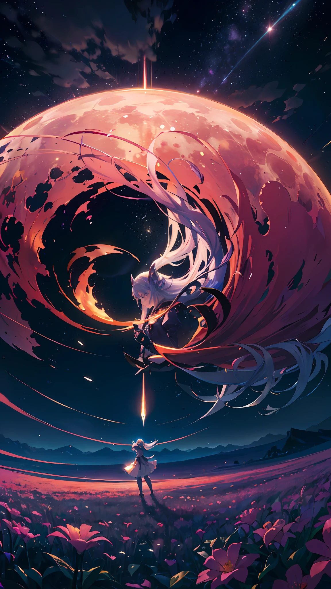 Photos of vast landscapes, (from below, the sky above and the open fields below), (a girl standing on a flower field looking up, there is an evil big hand in the air coming at her, she wants to draw her sword to deal with 1.5) (Full moon: 1.2), (meteor: 0.9), (Nebula: 1.3), distant mountains, trees BREAK making art, (warm light source: 1.2), (firefly: 1.2), lamps, lots of purple and orange, intricate details, volumetric lighting BREAK (Masterpiece: 1.2), (Best Quality), 4K, Ultra Detailed, (Dynamic Composition: 1.4), Detailed, Colorful, (Iridescent: 1.2), (Glow, Atmospheric Lighting), Dreamy, Fantastic, (Solo: 1.2)