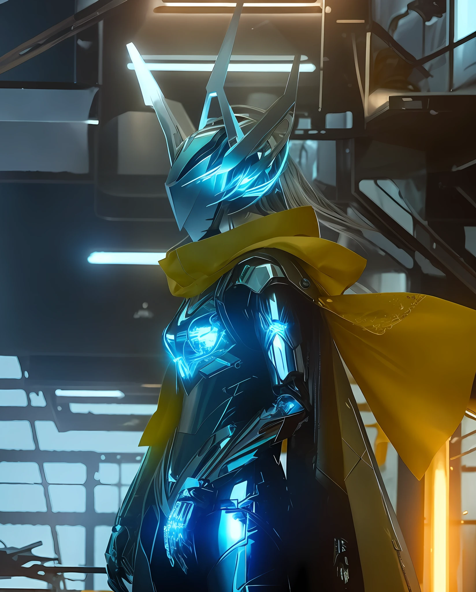 A character concept, standing in the center of a vast, futuristic chamber, Their body is adorned with sleek, cybernetic implants that seem to pulse with a soft blue light, Their pale, ethereal skin almost glows in the dim light, and their piercing blue eyes seem to look straight through you, Around their neck hangs a glowing pendant, pulsing with an inner light that radiates power, The pendant seems to be the source of their otherworldly abilities, and its glow fills the room with an ethereal aura, As you watch, the figure moves with an effortless grace, almost as if they are floating rather than walking, Despite their ageless appearance, there is a sense of weariness about them, a hint of sorrow that speaks to a life of loss and heartbreak, And yet, there is also a sense of hope, a determination to keep moving forward, to find a way to break the curse of immortality and finally find peace, In this figure, there is a sense of wonder and mystery, a mixture of science fiction and fantasy that defies easy categorization, The image captures the essence of a being out of time, a figure of myth and legend brought to life in a world of technology and magic, Volumetric light, natural colors, chrome armor, yellow cloak, leather suit, cinematic, cyberpunk, soft background, clean detailed, soft, bright, natural, biopunk