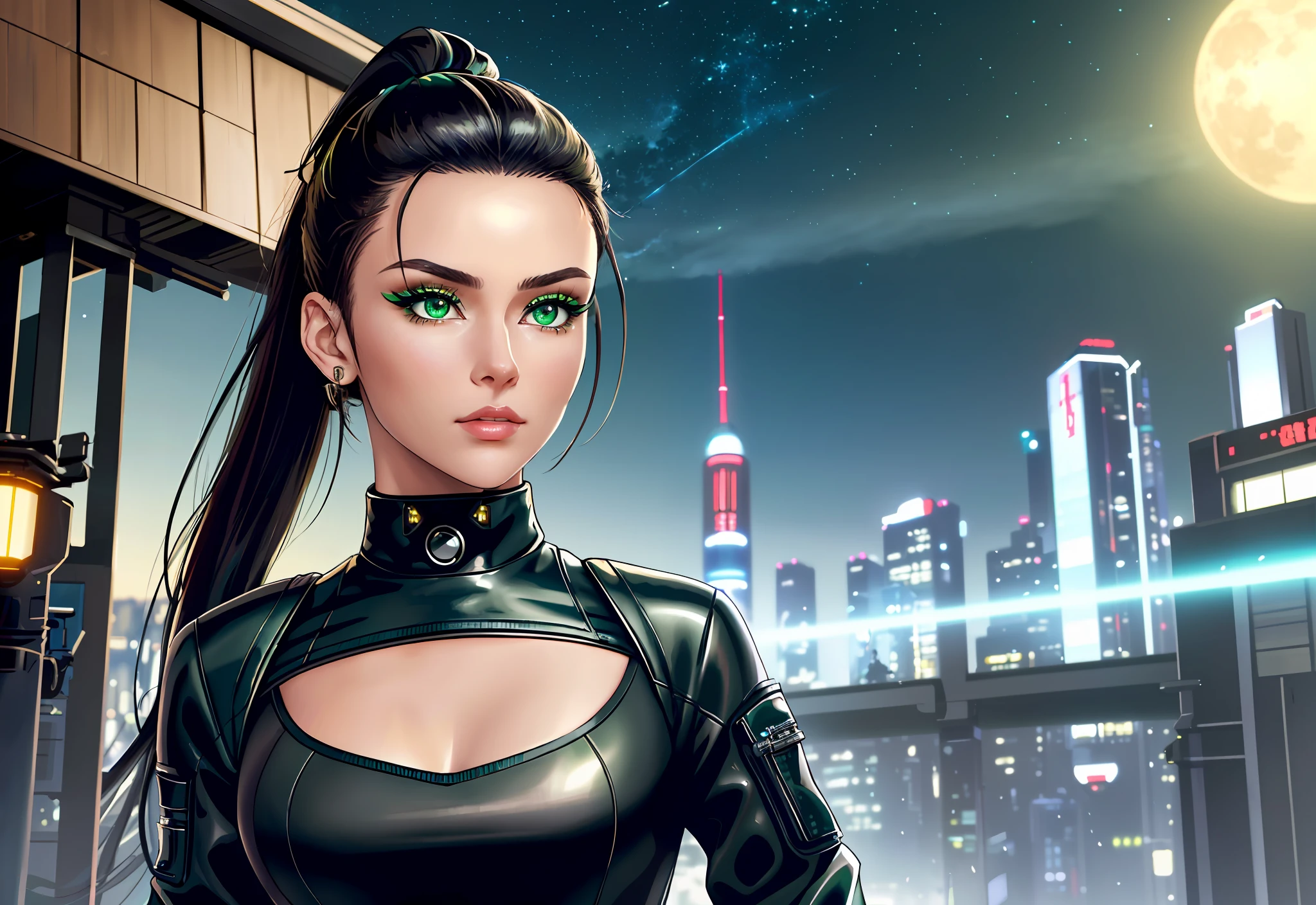 (masterpiece, best quality, finely detailed gorgeous eyes and detailed face, cinematic lighting, extremely detailed 8k CG unit wallpaper, depth of field), Long Angle Shot, cyber futuristic mech, solo, 1woman, she's a mercenary, (green eyes, white skin, black hair with ponytail, choker, small breasts, makeup), she's doing a job in a futuristic Japanese city, holding a Tech katana with a strong grip, night, sky, moon, wearing a beautiful tech jacket and leather pants.