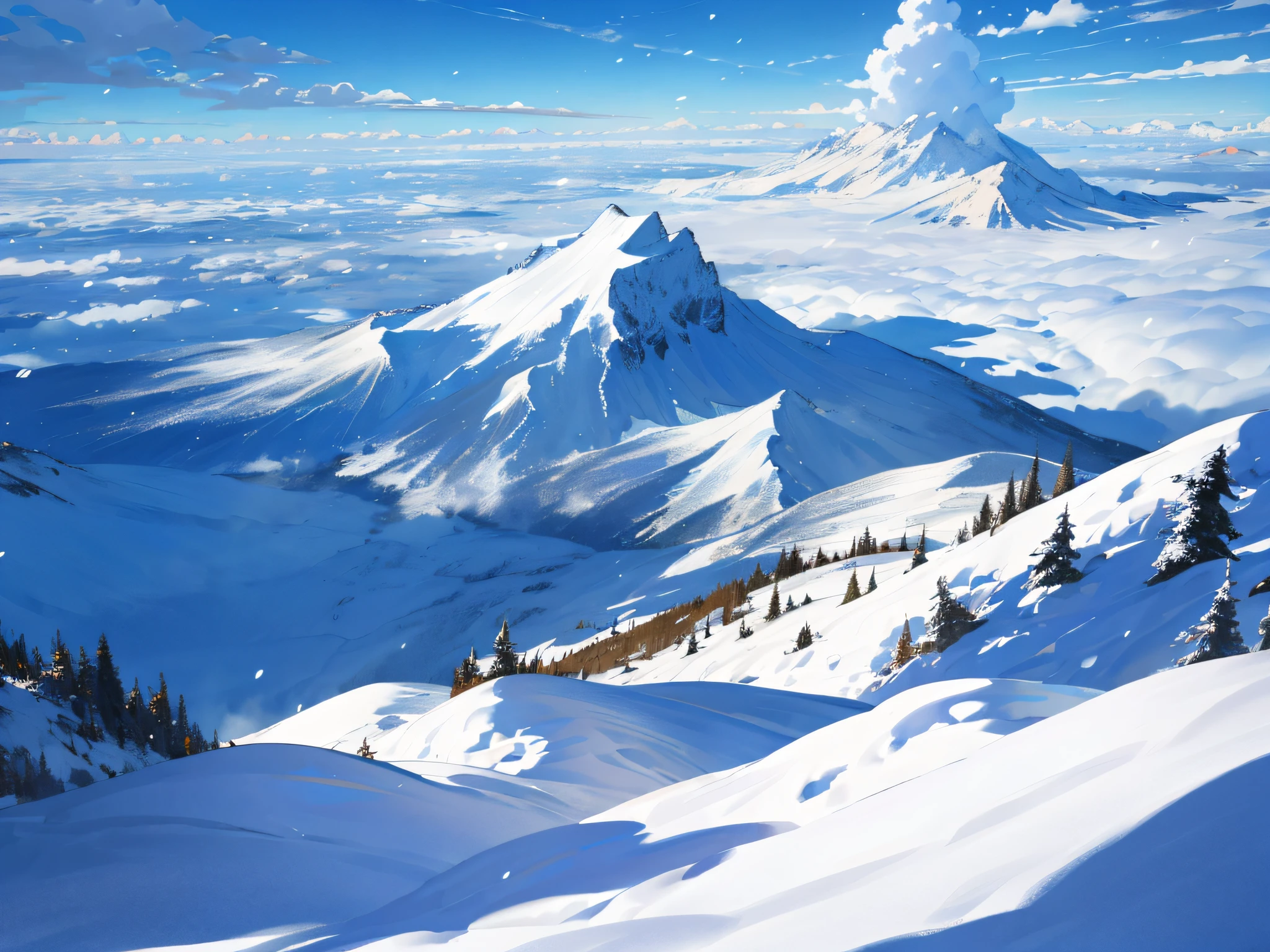 Exquisite view, sky, white clouds, warm sun, fantasy, snow, breathtaking, 8K, snow, winter, view