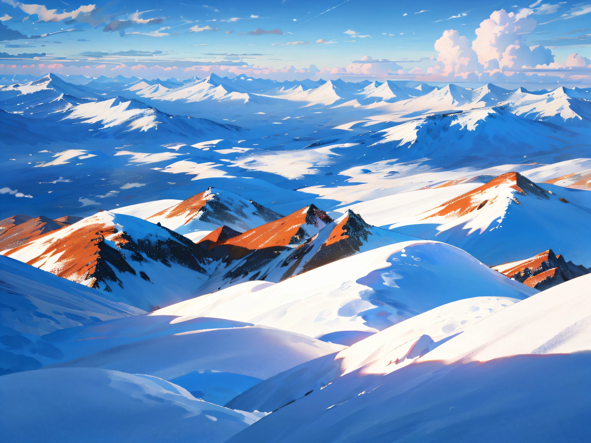Exquisite view, sky, white clouds, warm sun, fantasy, snow, breathtaking, 8K, snow, winter, view
