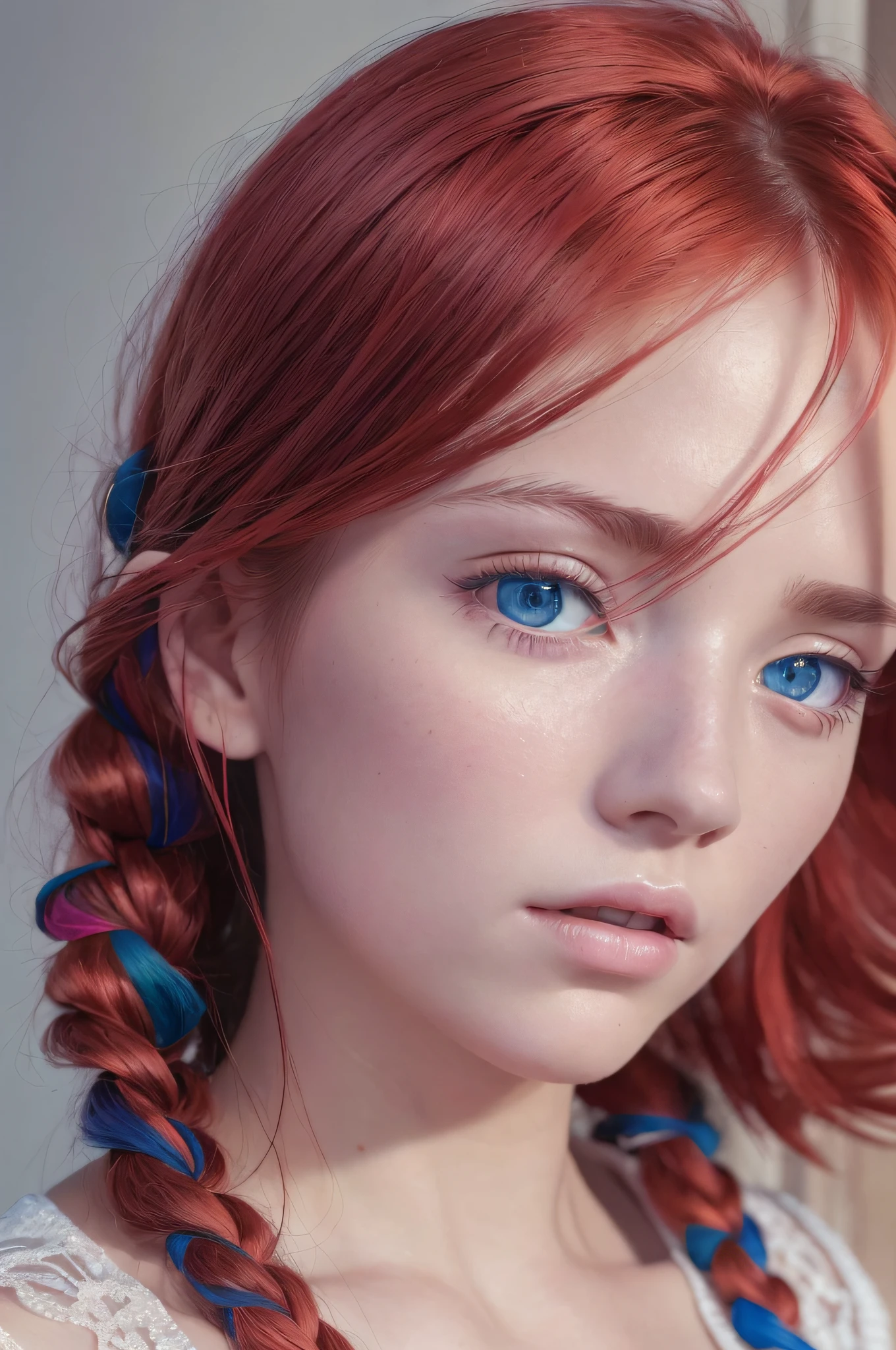 (8K, Best Quality, Masterpiece: 1.2), (Realistic, Photorealistic, Photorealistic: 1.37), Best Quality, Masterpiece, Red Hair, Blue Eyes, White Clothes, Look Up, Upper Body, Hair Strands, Fair Skin, Side Braids, Ultra High Resolution, Highly Detailed Eyes and Face, --auto --s2