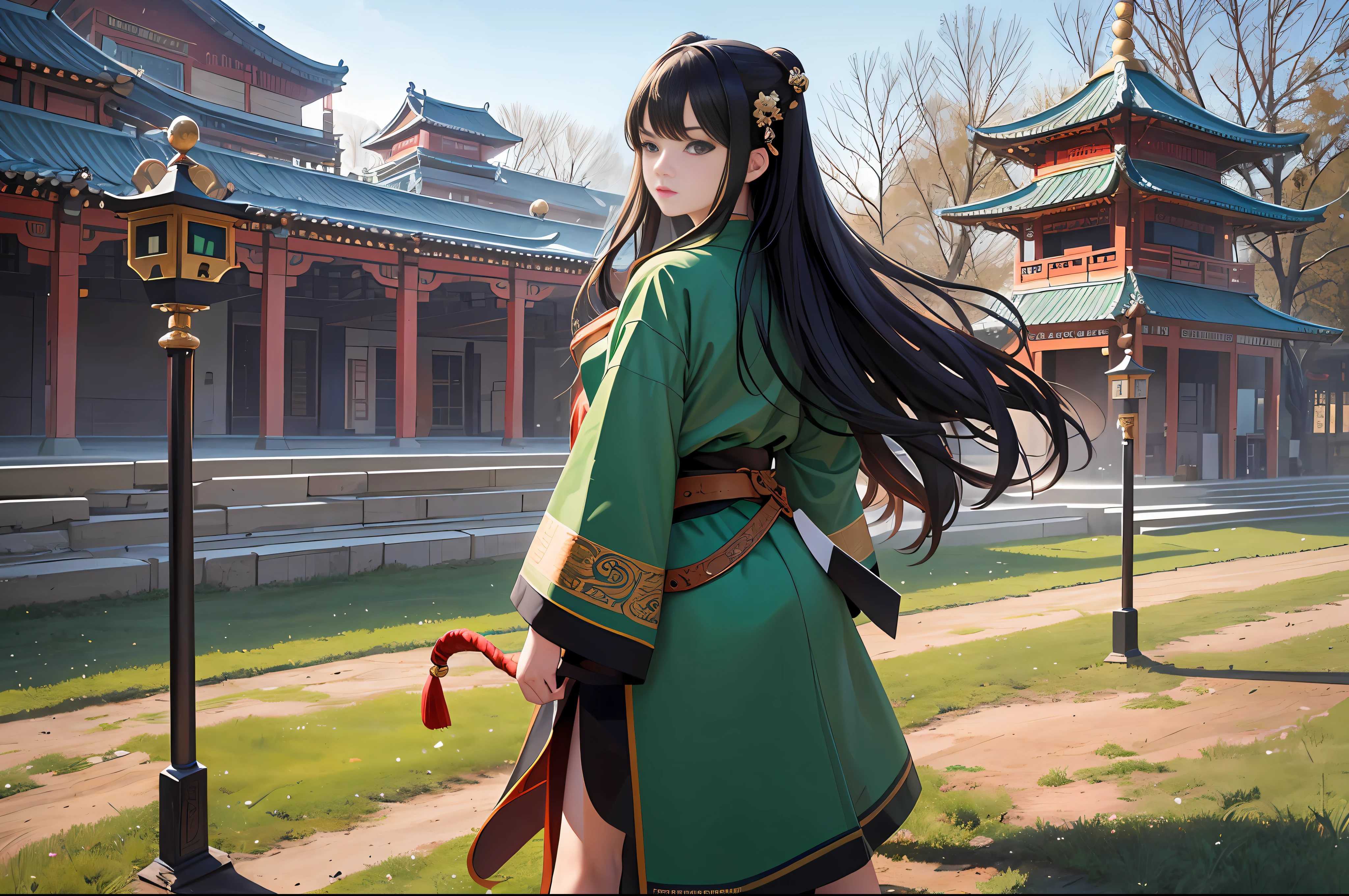(Masterpiece, best quality: 1.4), (absurd, high resolution, hyper-detail: 1.2), 18-year-old girl, long black hair, green practice robe, standing in an outdoor jousting arena, watching, unhappy. Chinese ancient style, Chinese martial arts.