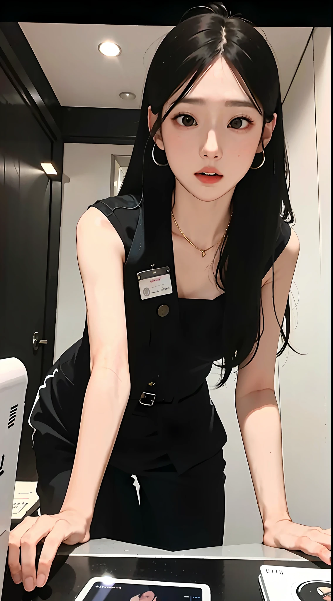 Girl in black suit cheering on at a hotel