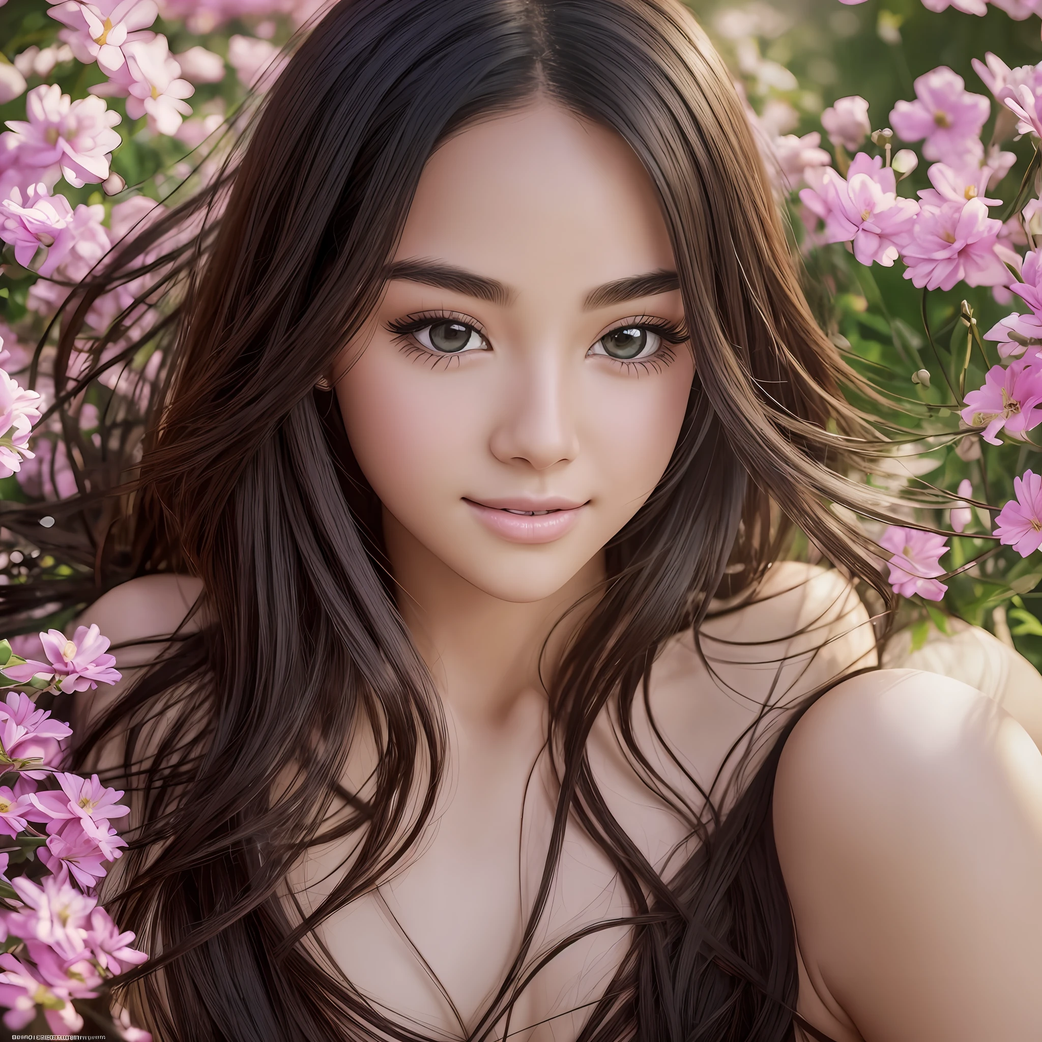 (Highly detailed photo 8k wallpaper), (masterpiece), (best quality), (super detailed), (best illustration), (best shadow), (photorealistic: 1.4), (PureErosFace_V1:0.5), real human skin, lens flare, shade, backlight, flowers, depth of field, natural light, hard focus, film grain, staring at viewer, single girl, 23 years old, solo, underwear , embarrassed, white skin, soft lips, (light eyebrows: 1.4), shiny brown eyes, long black hair: 1.1, (small breasts), straight hair, bed, crotch boldly open, night, (nose blush), (smile: 1.1), (closed mouth), beautiful detailed eyes, floating hair, lying on your back, full body --auto --s2