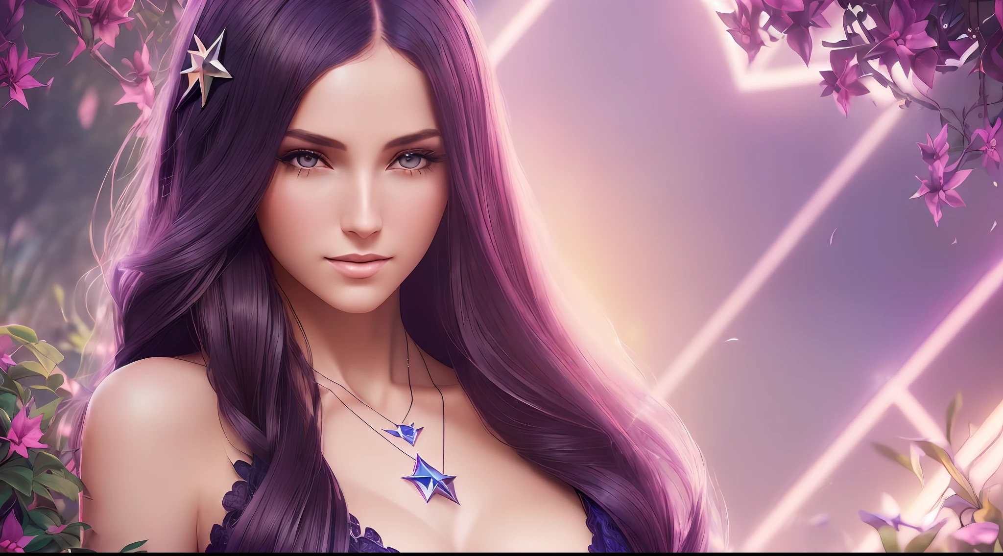 Photo of ((((((a woman))))), ((Vengerburg yennifer)), nos ((((gardens of Eden)))), (((alone in the photo))), (((star-shaped necklace))), fair skin, long dark hair, purple eyes, attractive lips, incredibly beautiful woman, sexy sorceress robes, posing as a professional model, feminine shape, large breasts, cleavage, sexy pantyhose, dazzlingly gorgeous, flirtatious and playful, film photography, extreme details,  4k, ultra hd, Anna Dittmann, hyperrealism, trend in artstation, polished, photorealistic, backlight, hair light, 8k ultra hd.