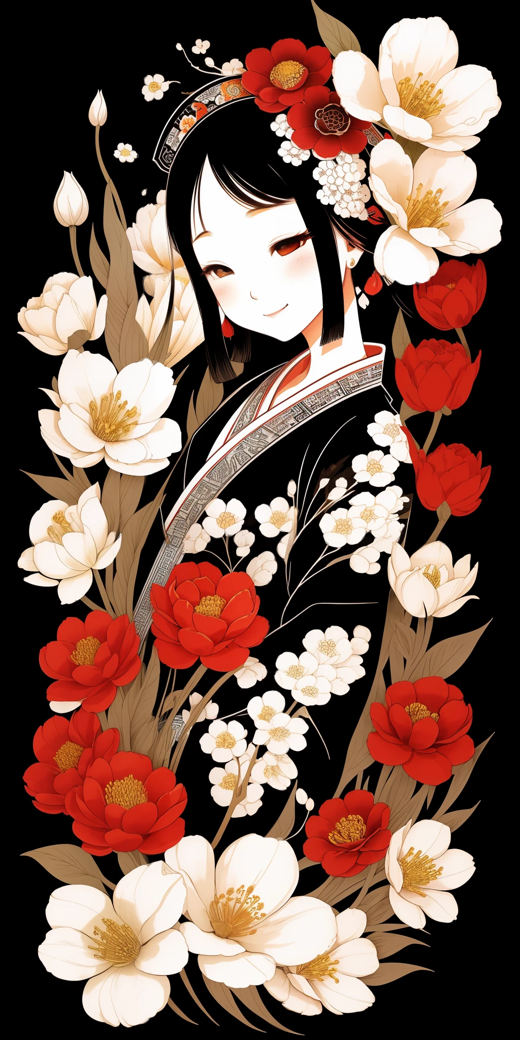 (masterpiece, best quality: 1.2), shukizuma, negative space, shuimobysim, ink painting, colorful colors, traditional Chinese, flower motifs, peaceful, (smile), looking at the viewer,