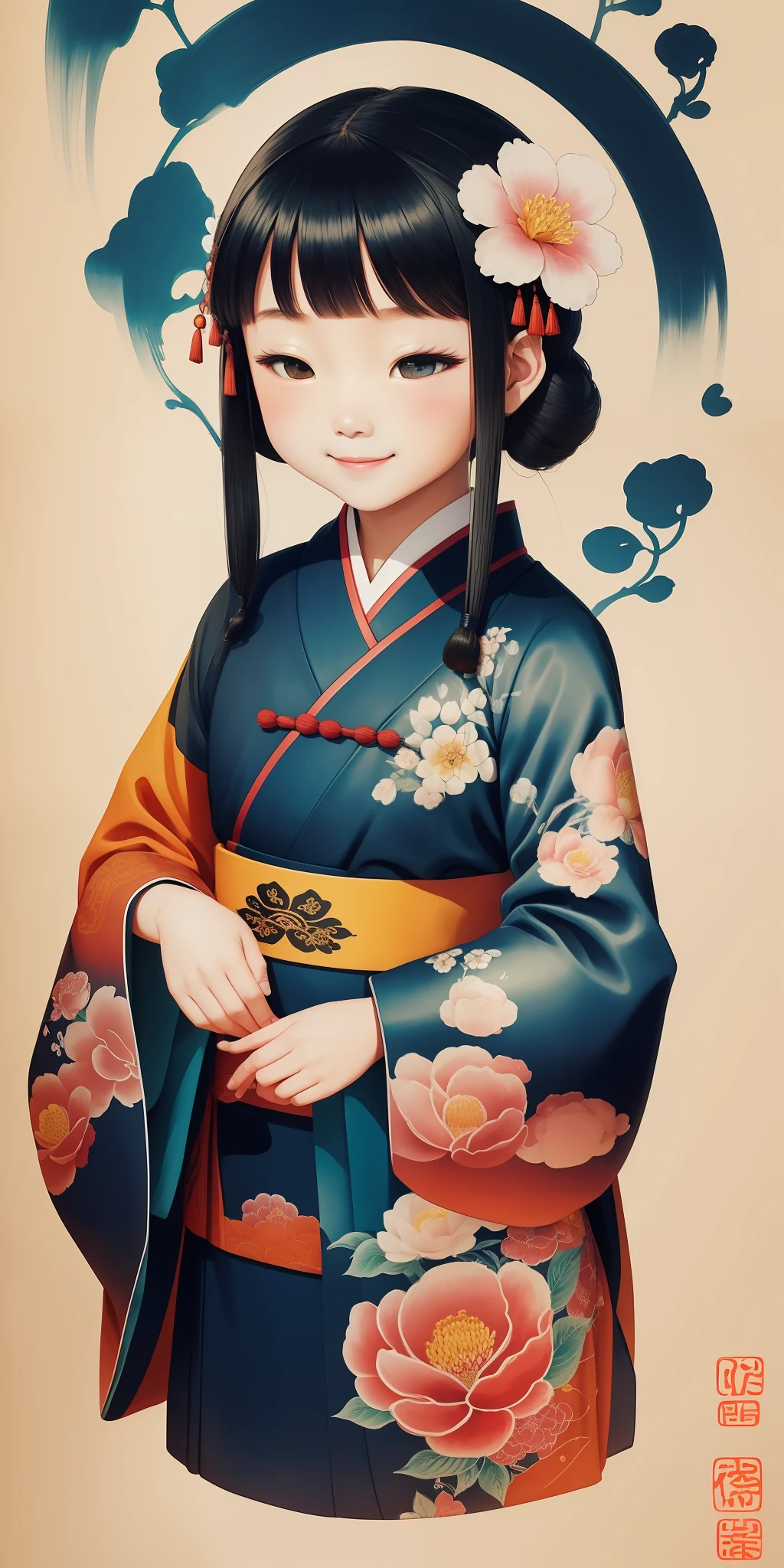 (masterpiece, best quality: 1.2), shukizuma, negative space, shuimobysim, ink painting, colorful colors, traditional Chinese, flower motifs, peaceful, (smile), looking at the viewer,