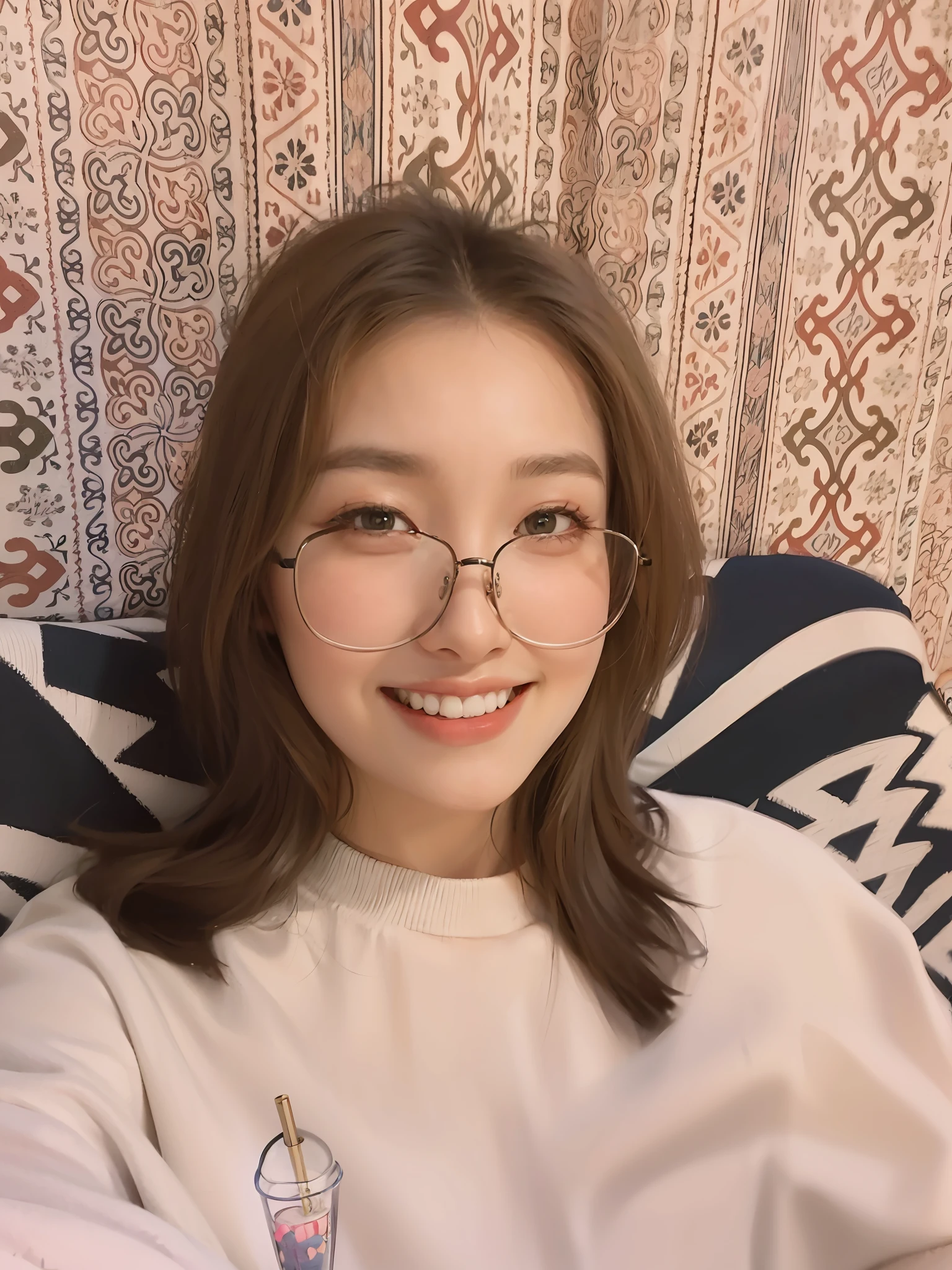 woman with glasses sitting on a couch, with glasses, wearing small round glasses, smiling, fair skin, pale skin