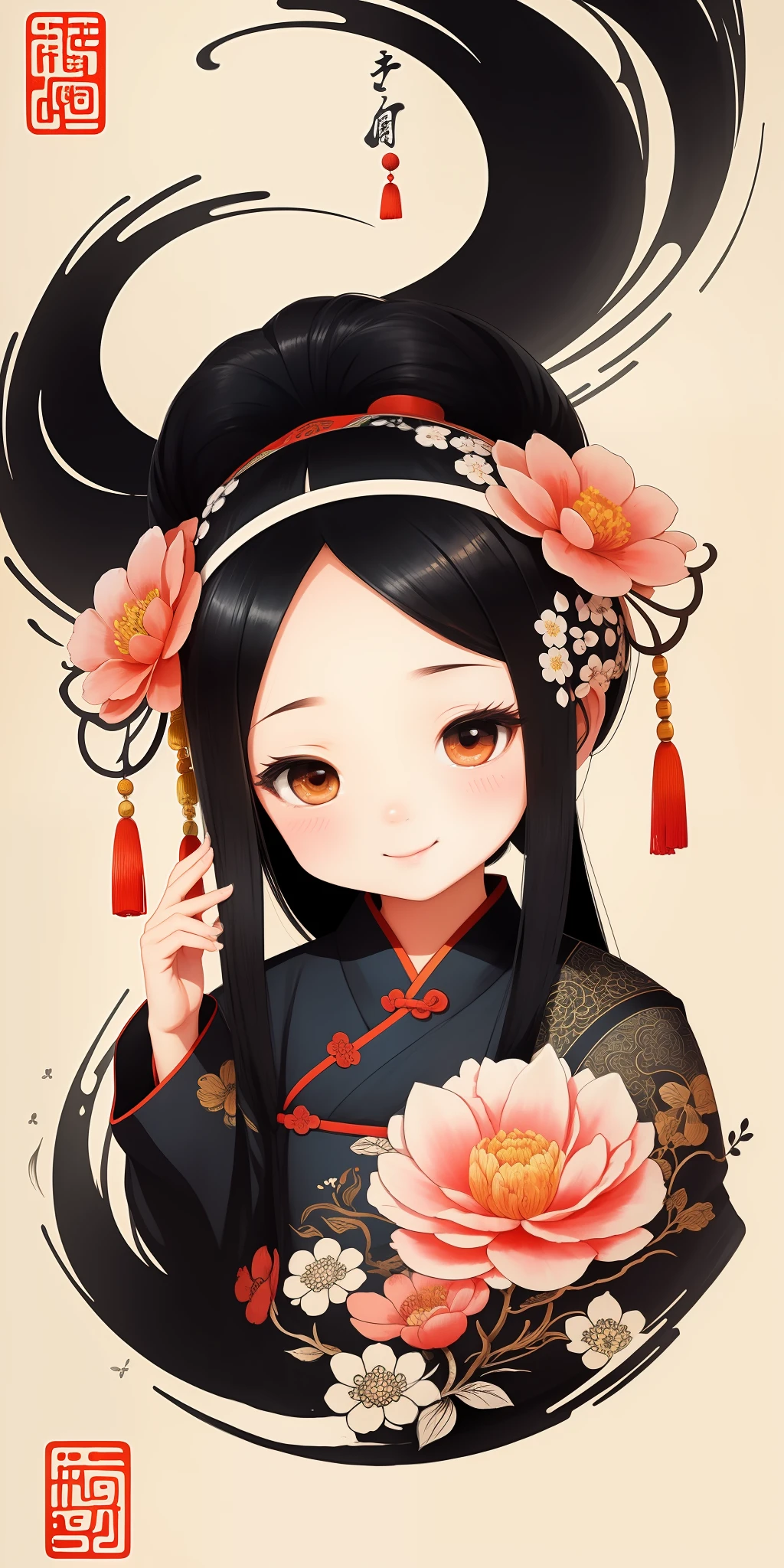 (masterpiece, best quality: 1.2), shukizuma, negative space, shuimobysim, ink painting, colorful colors, traditional Chinese, flower motifs, peaceful, (smile), looking at the viewer,