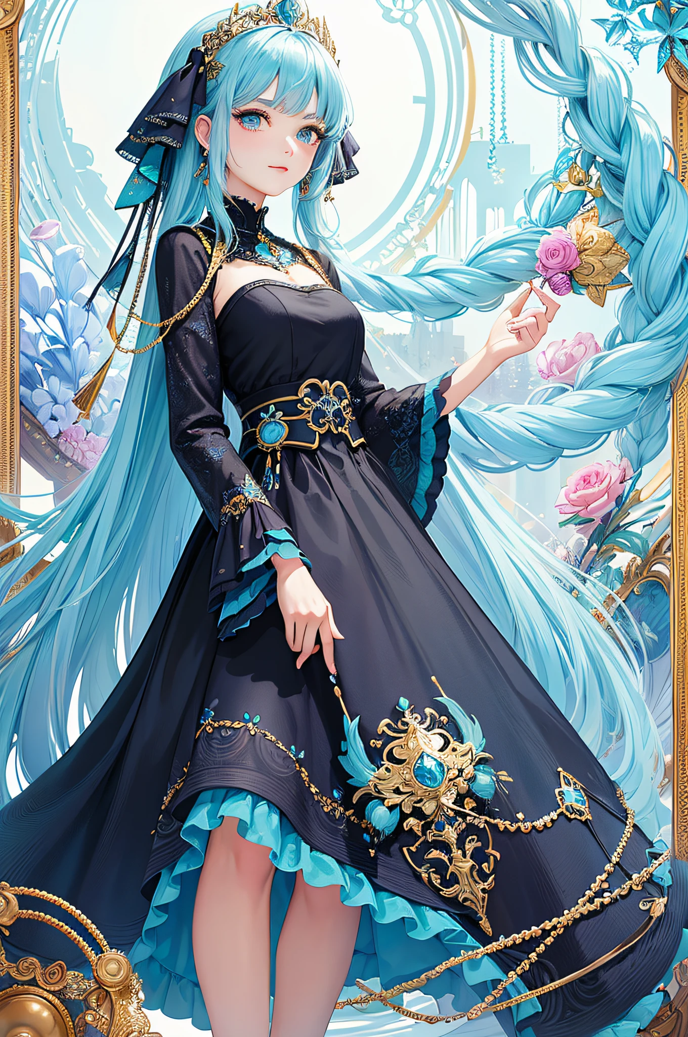 (Masterpiece, Top Quality, Best Quality, Official Art, Beauty and Aesthetics: 1.2), (1girl: 1.3), (Fractal Art: 1.3), Vibrant Aqua Blue Eyes, Medium Hair with Tassels,