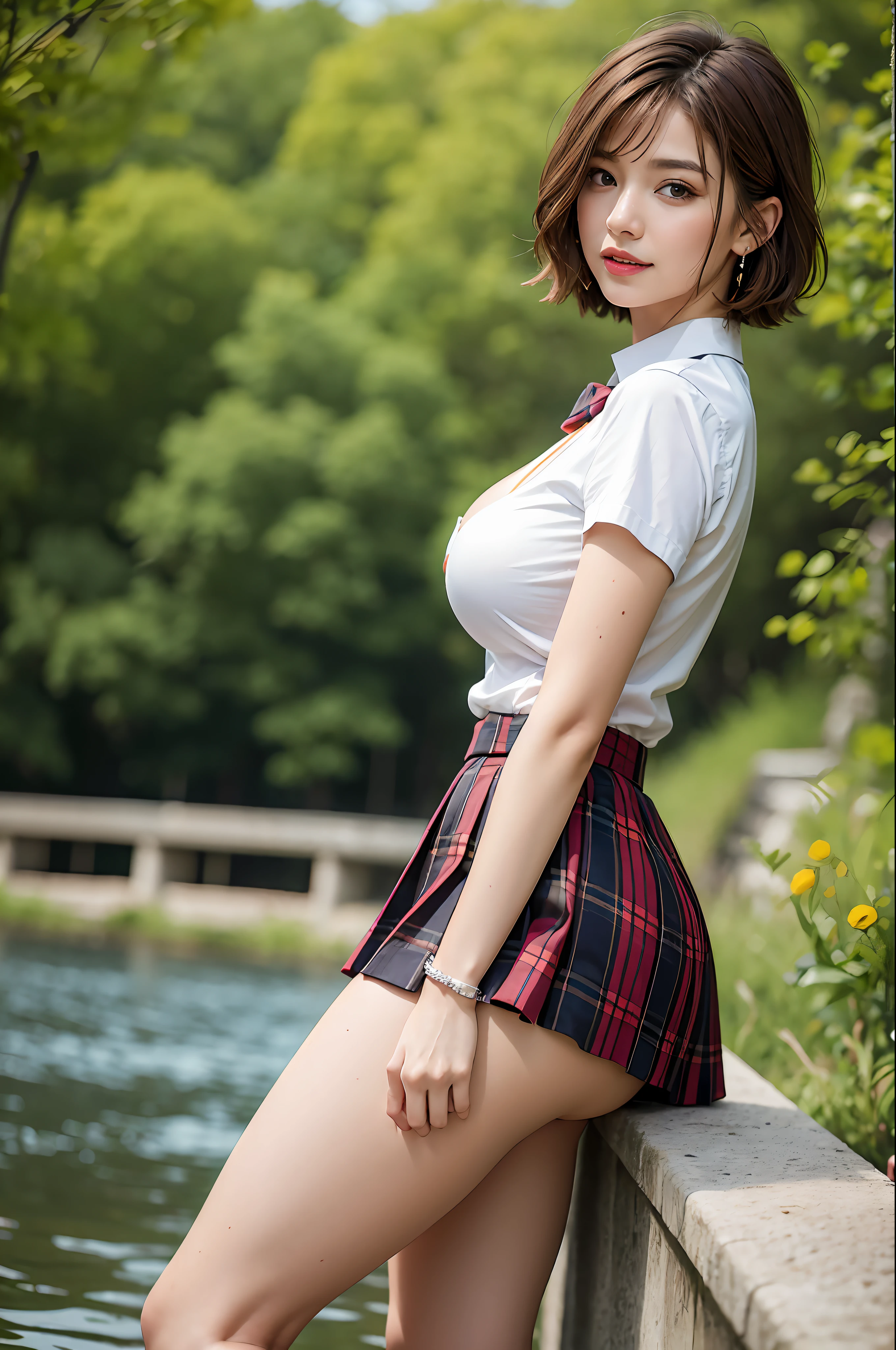 nsfw, 8K raw photo, Best quality, masterpiece, ultra high res, film grain, filmg, 1girl, looking at viewer, natural skin texture, realistic eye and face details, full lips, lipstick, (makeup), red eyeshadow, fluffy short hair, messy hair, smile, close mouth, beautiful legs, tall female, skinny, slim_legs, solo, enormous breasts, cleavage, Pose with buttocks facing you, ultra short skirt, ass, shirt, chocker, beautiful nature location, around flower location, (detailed background), plaid skirt, white shirt, enormous breast, cleavage, Show a little cleavage through the shirt, loafers, blurry background, blurry, holding, plaid, short sleeves, jk ribbon on the neck, jk ribbon, brown hair, bracelet, water, bangs, school uniform, jewelry, parted lips, lips, from side, pleated skirt, depth of field