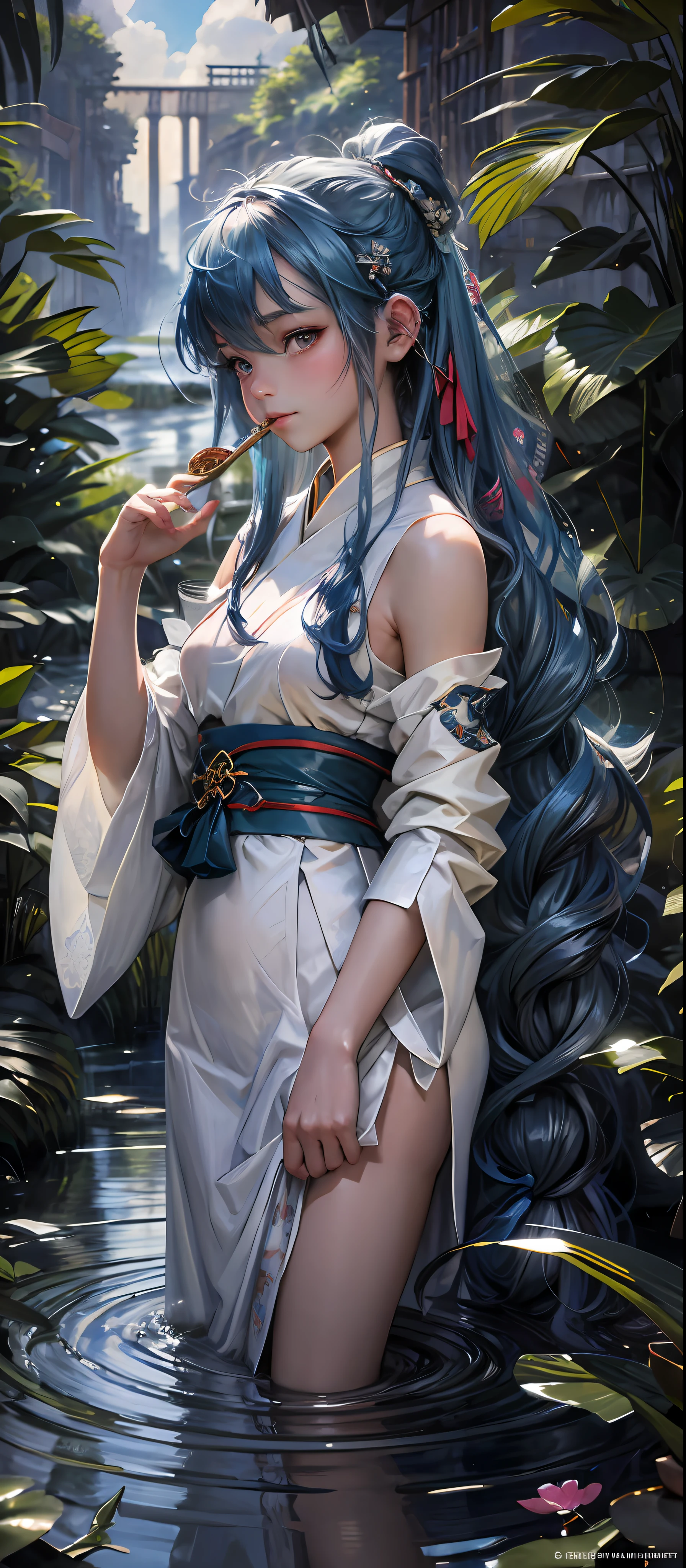 Masterpiece, Best Quality, Official Art, 8k Wallpaper, Very Detailed, Illustration, 1 Girl, Sky Blue Hair, Long Hair, Detailed Eyes, Forrest Gump, Bare Shoulders, Hanfu, Lake, Pure, Soft Smile, bamboo, tea