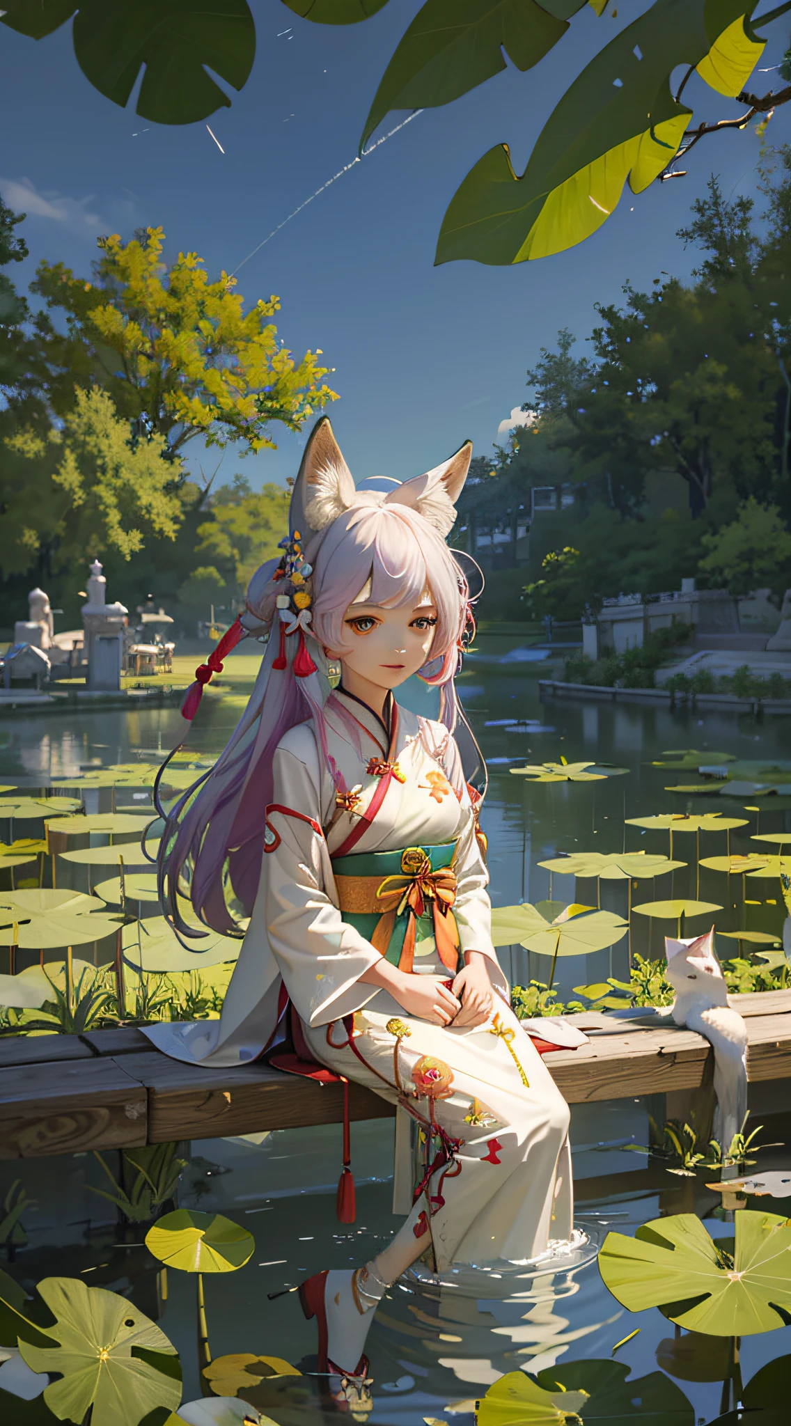 absurdres, highres, ultra detailed, (1girl:1.3), hand drawn, simple line, girl in colorful Chinese Hanfu, sexy girl with fox ears, at the lotus pond, masterpiece, sitting in water, floating clothes, floating ,Chibi.
