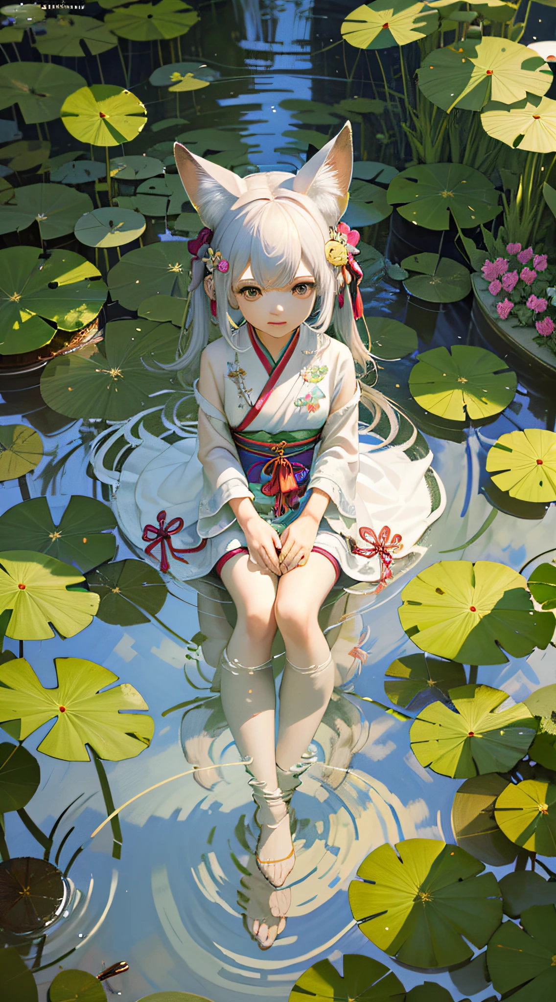 absurdres, highres, ultra detailed, (1girl:1.3), hand drawn, simple line, girl in colorful Chinese Hanfu, sexy girl with fox ears, at the lotus pond, masterpiece, sitting in water, floating clothes, floating ,Chibi.