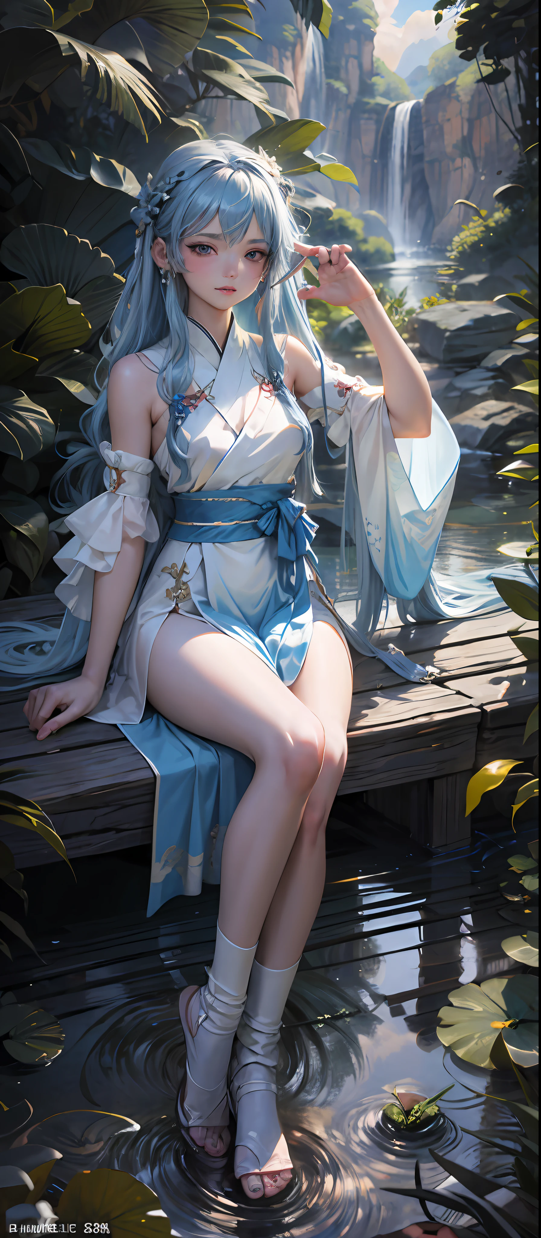 Masterpiece, Best Quality, Official Art, 8k Wallpaper, Very Detailed, Illustration, 1 Girl, Sky Blue Hair, Long Hair, Detailed Eyes, Forrest Gump, Bare Shoulders, Hanfu, Lake, Pure, Soft Smile, bamboo, tea