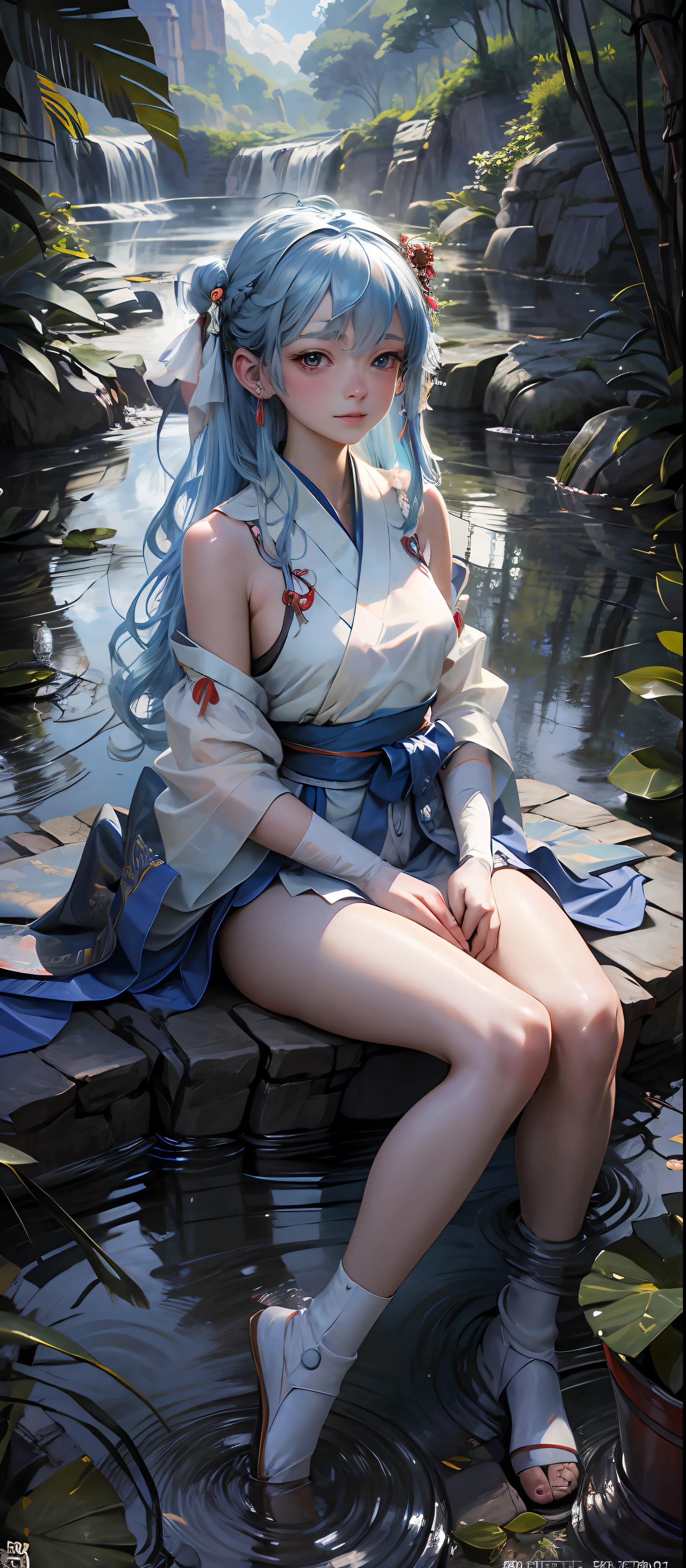 Masterpiece, Best Quality, Official Art, 8k Wallpaper, Very Detailed, Illustration, 1 Girl, Sky Blue Hair, Long Hair, Detailed Eyes, Forrest Gump, Bare Shoulders, Hanfu, Lake, Pure, Soft Smile, bamboo, tea
