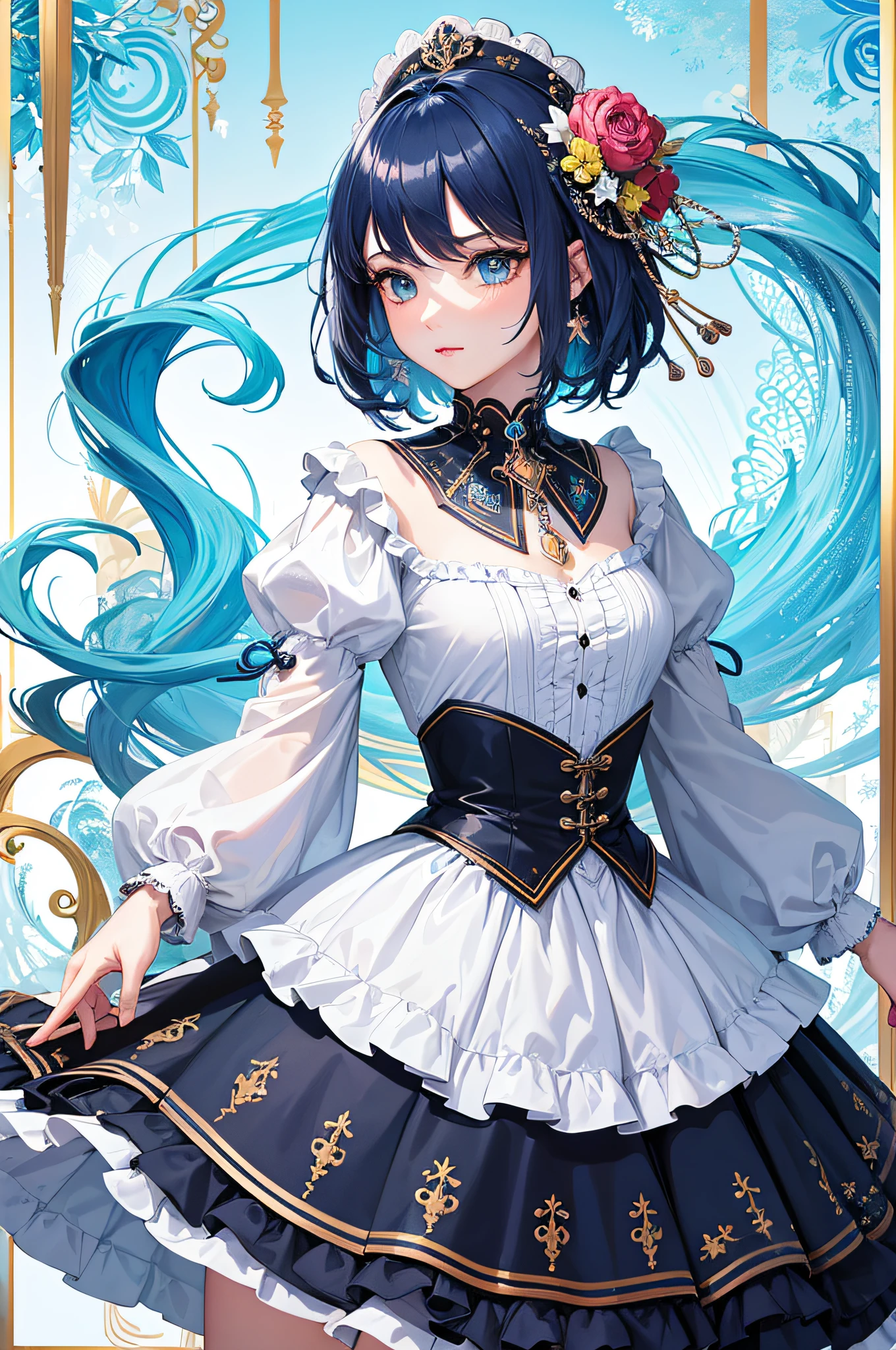 (Masterpiece, Top Quality, Best Quality, Official Art, Beauty and Aesthetics: 1.2), (1girl: 1.3), (Fractal Art: 1.3), Vibrant Aqua Blue Eyes, Medium Hair with Tassels,