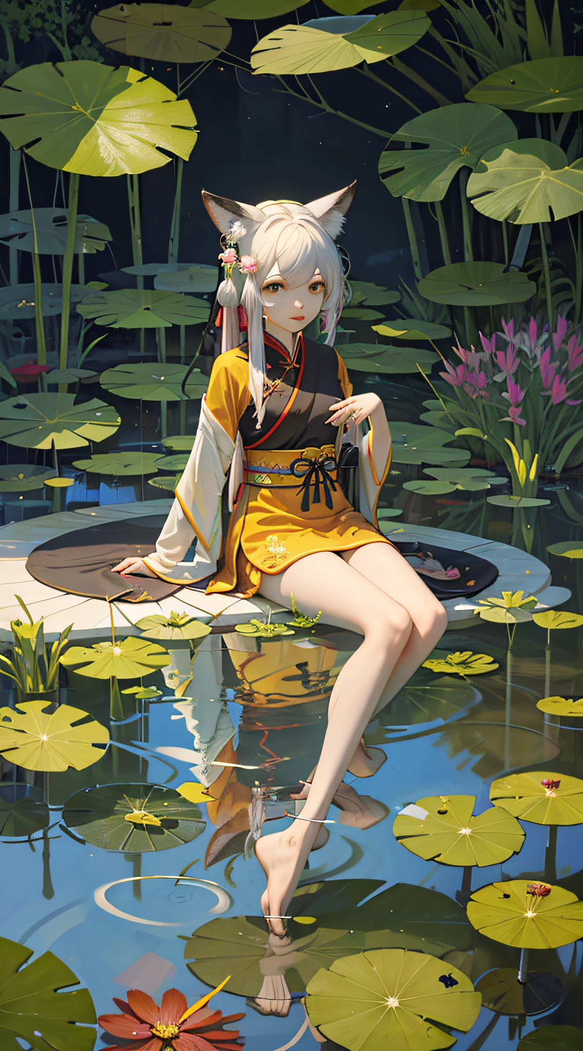 absurdres, highres, ultra detailed, (1girl:1.3), hand drawn, simple line, girl in colorful Chinese Hanfu, sexy girl with fox ears, at the lotus pond, masterpiece, sitting in water, floating clothes, floating hair