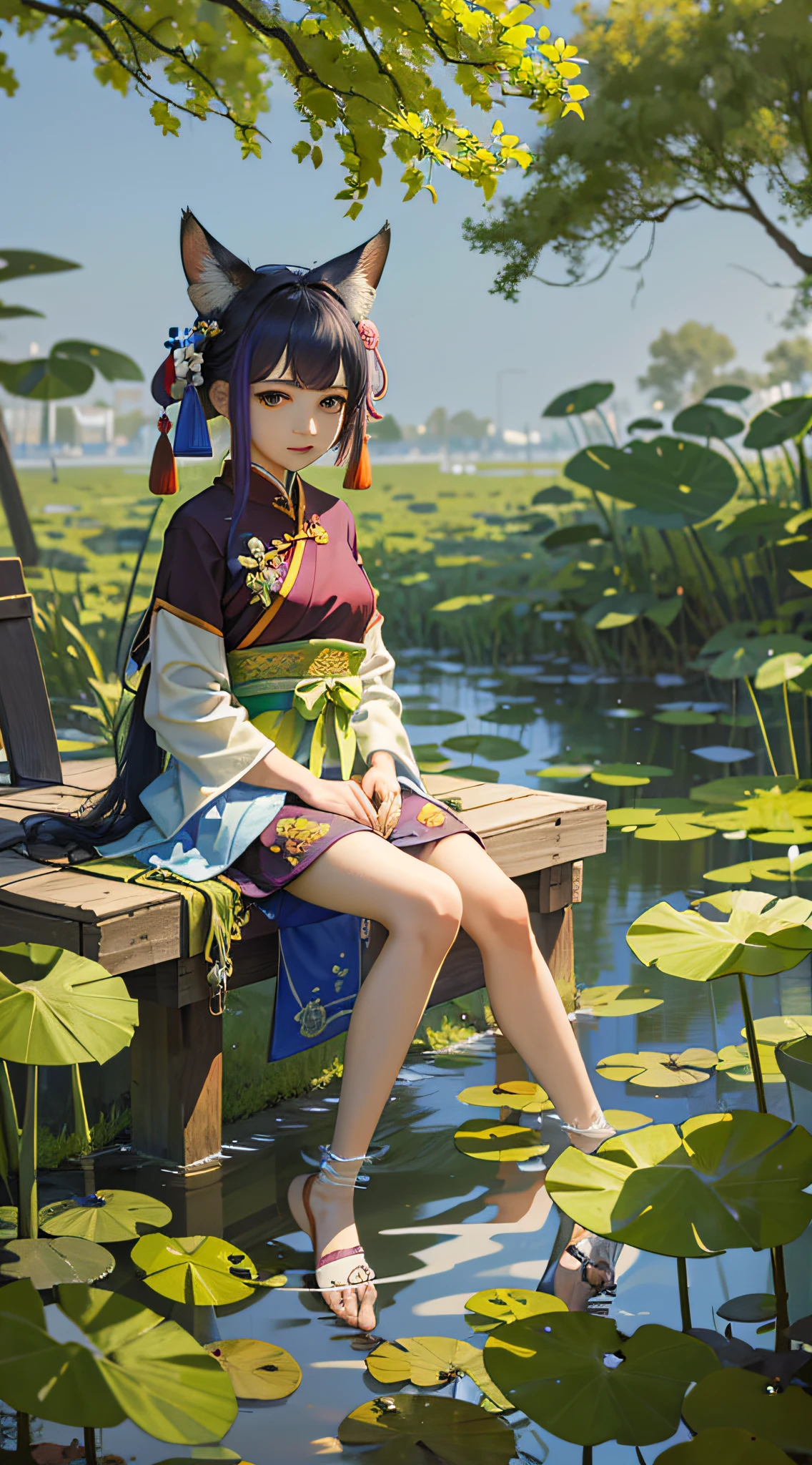 absurdres, highres, ultra detailed, (1girl:1.3), hand drawn, simple line,  girl in colorful Chinese Hanfu, sexy girl with fox ears, at the lotus pond, masterpiece, sitting in water, floating clothes, floating hair