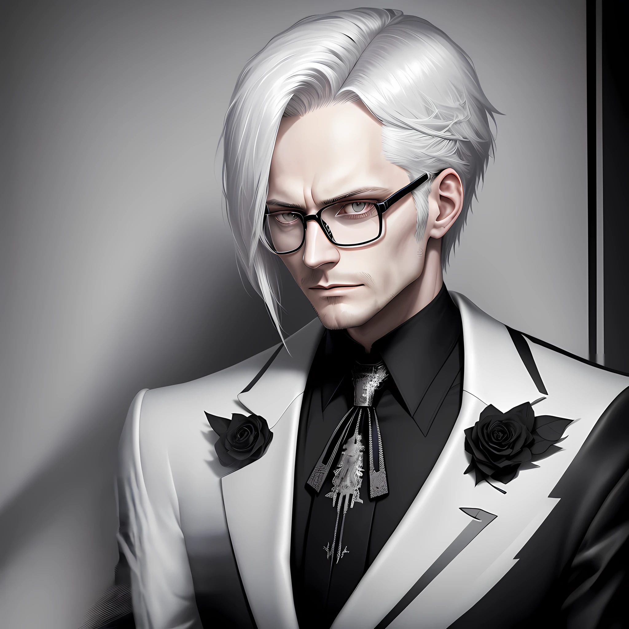 Decim (Death Parade), 1 man, 30-year-old,black bristle, man wearing glasses, closeup face, profile picture, portret, dresses in a formal and restrained style, a black jacket,white shirt, a professional look, Long white-ash hair, silver color, Hair Length: hair is typically style,