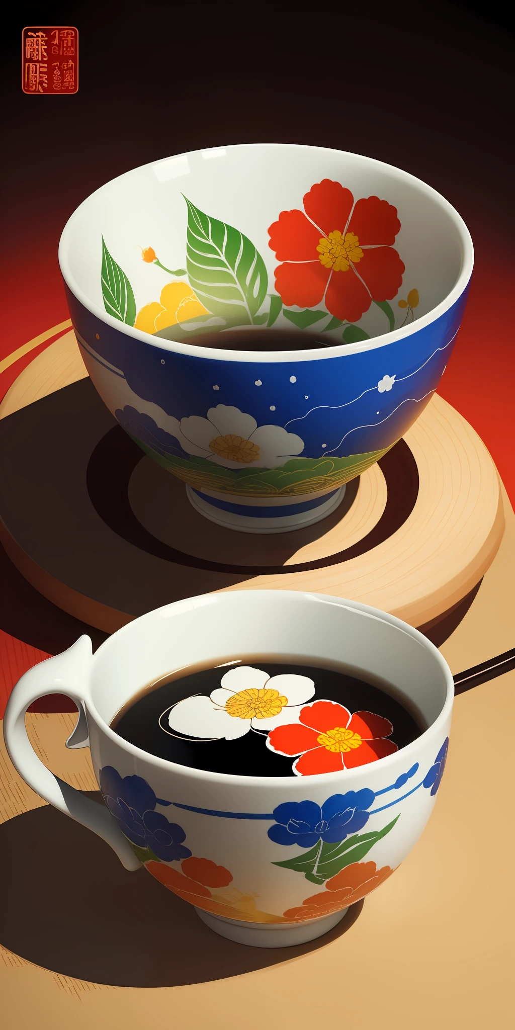 (masterpiece, best quality: 1.2), shukizuma, negative space, shuimobysim, ink painting, colorful colors, traditional Chinese, cup decorations, peaceful, (smile), looking at the viewer,