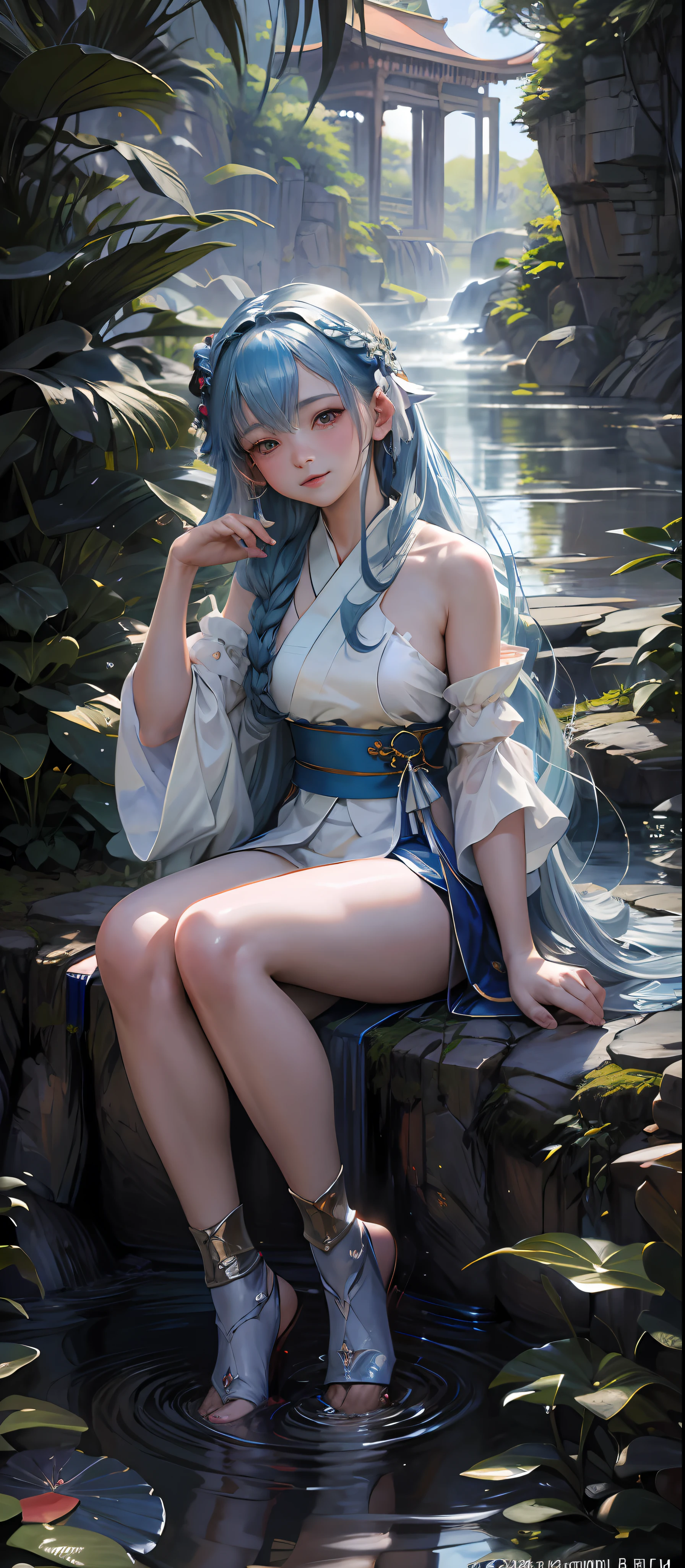 Masterpiece, Best Quality, Official Art, 8k Wallpaper, Very Detailed, Illustration, 1 Girl, Sky Blue Hair, Long Hair, Detailed Eyes, Forrest Gump, Bare Shoulders, Hanfu, Lake, Pure, Soft Smile, bamboo, tea