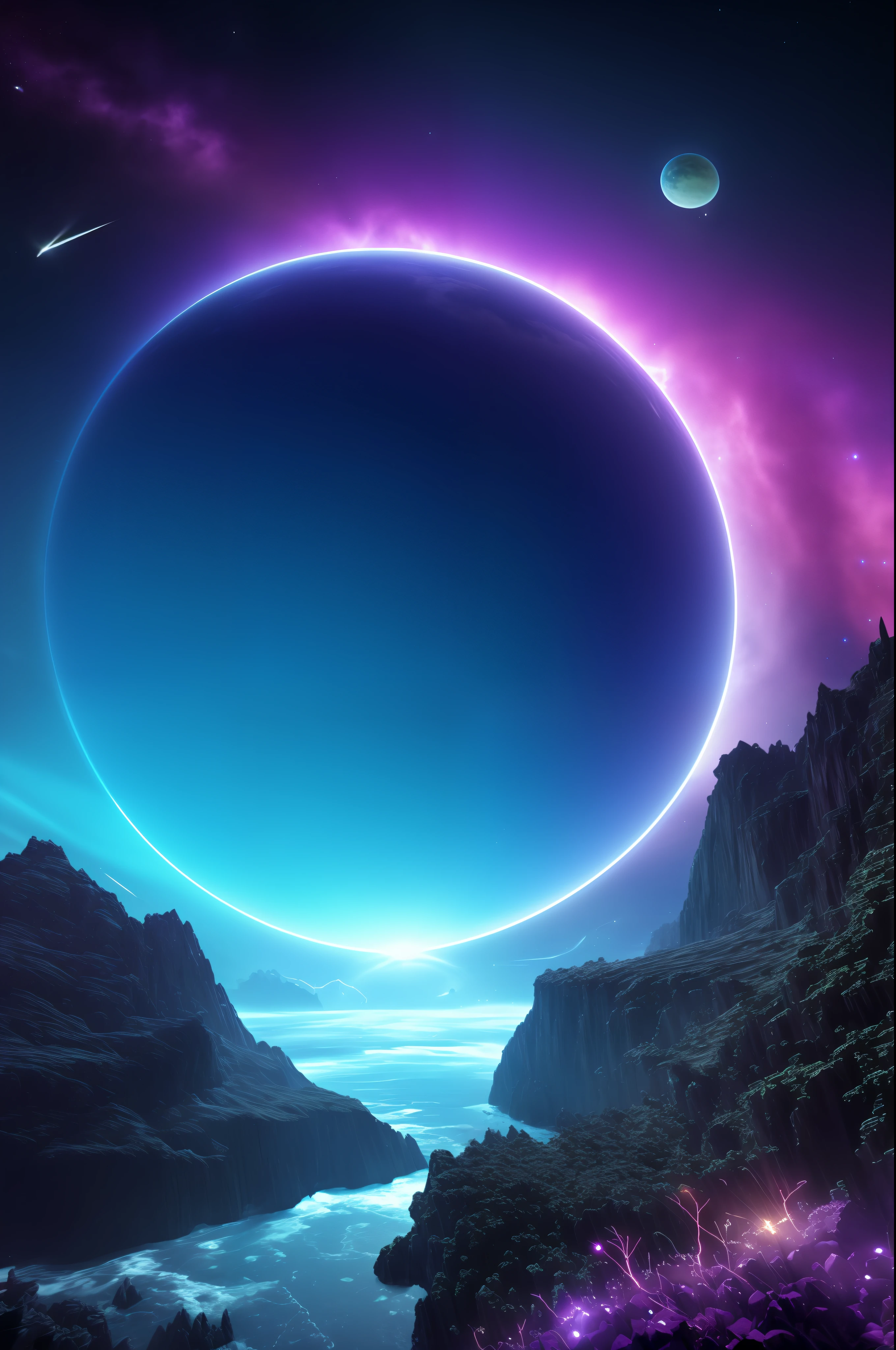 Planet from space, cosmic, purple, land, ocean, alien, solar system, colorful, fruitful, habitable, alien land, purple oceans, ice, birds, planet light years away, big, exoplanet, 8K resolution, ultra detailed,  Fantasy vibe, centered, dreamlike, intricate detail,  Cinematic Lightning, Unreal Engine, Realistic, Photorealistic, Hyper-detailed, insane details, Super-Resolution, Megapixel, FKAA, TXAA, RTX, SSAO, Post Processing